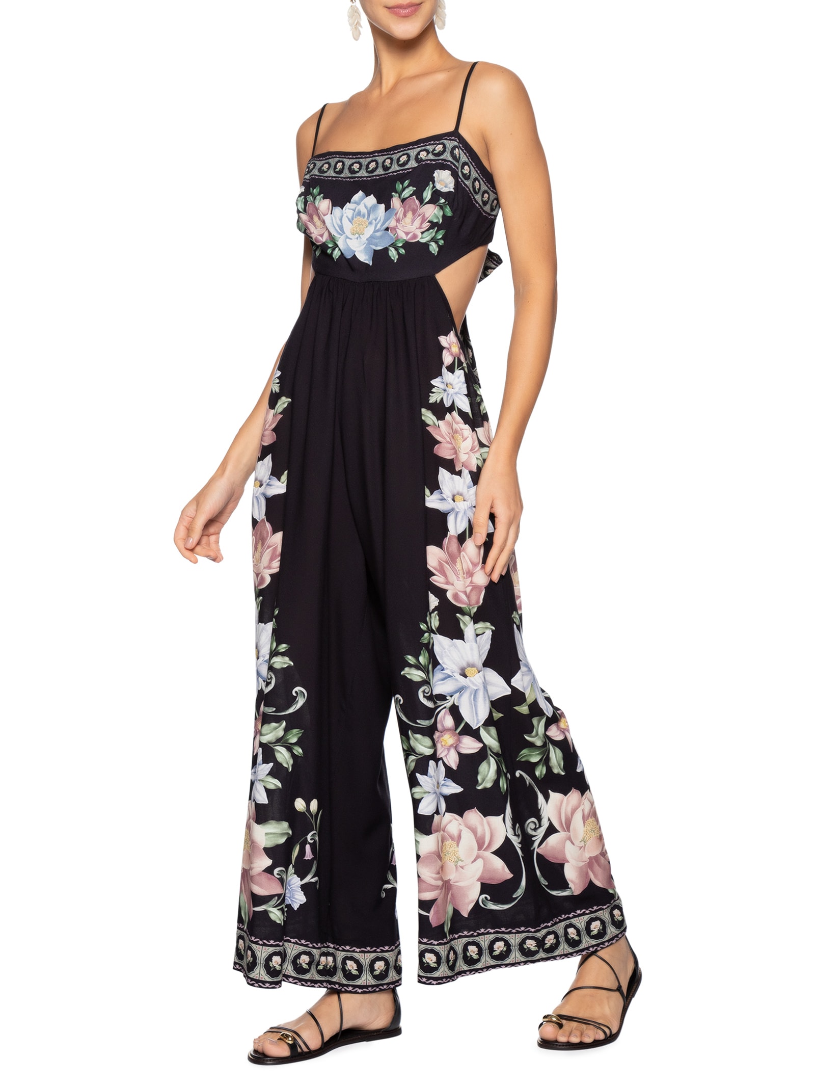 Macacão Feminino Pantalona Flor De Outono Preto Farm