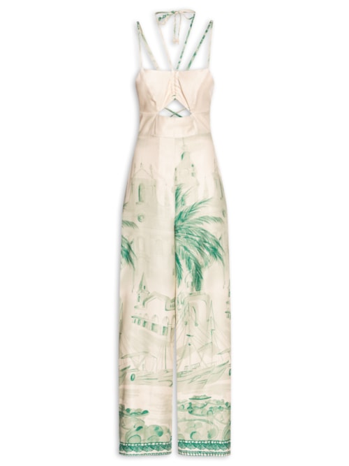 Macacão Feminino Reto Detalhe Túnel Estampado – Bege