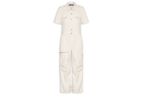 Macacão Feminino Sarja Longo Bolsos Com Zíper - Off White