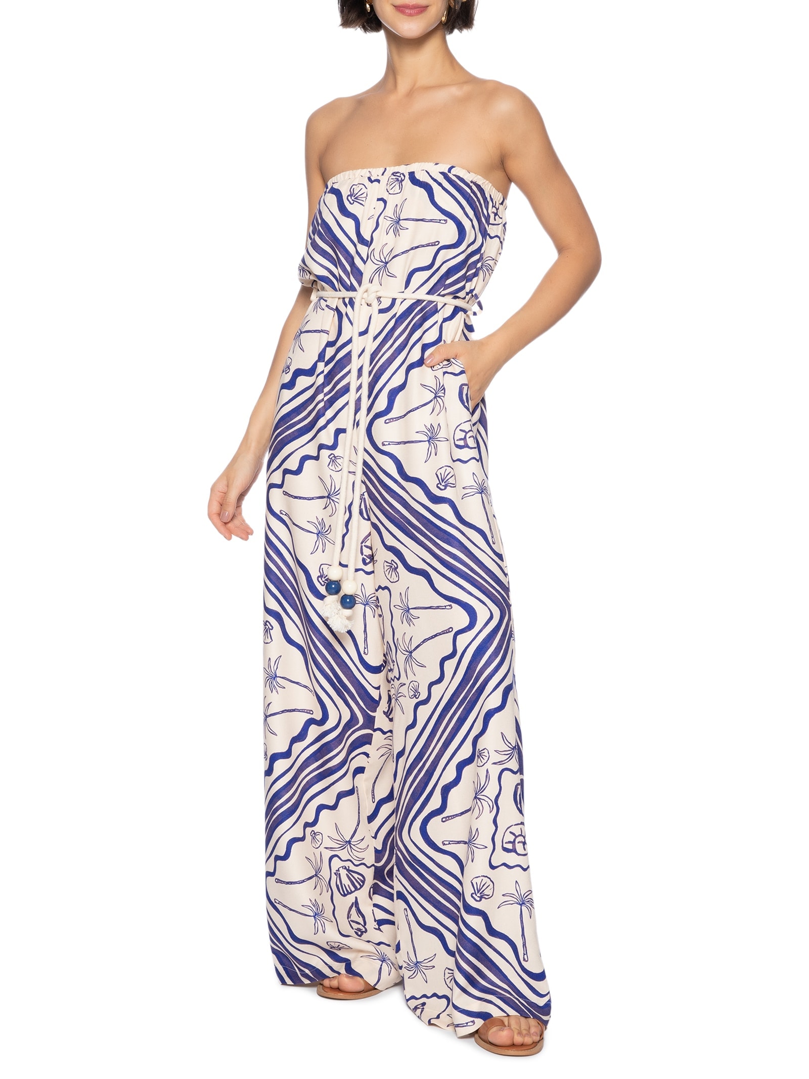 Macacão Feminino Sem Alças Cinto Corda Azul Cacay
