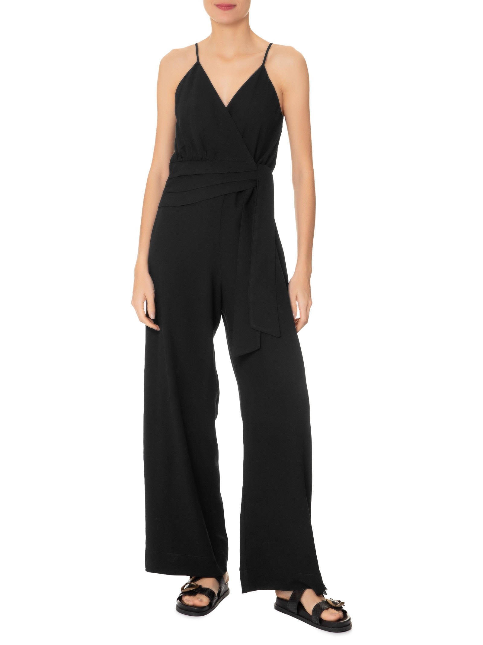  Macacão Feminino Transpassado Algodão Preto Dress To