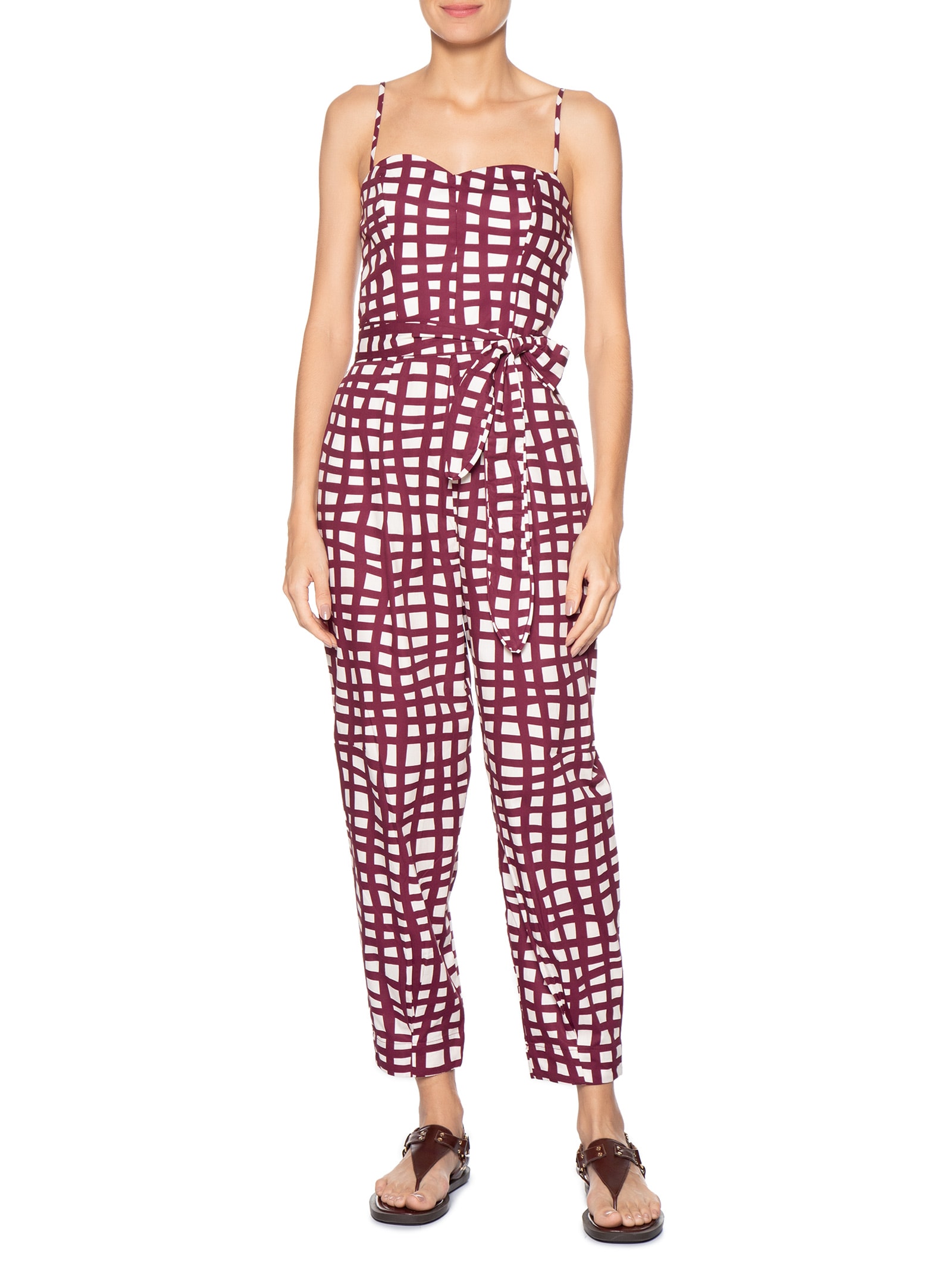 Macacão Feminino Tricoline Estampa Trama Vermelho Dress To