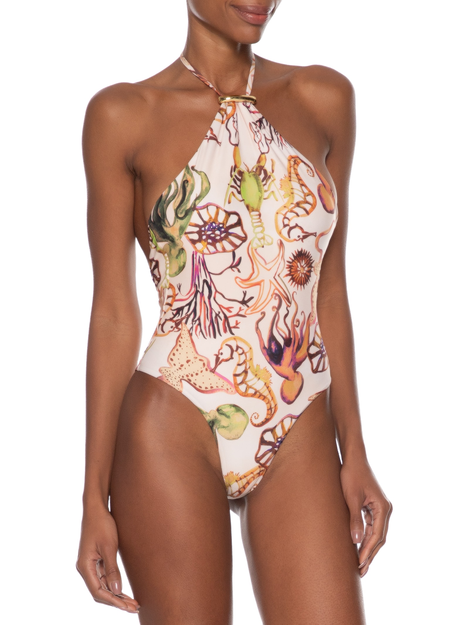 Maiô Decote Halter Fundo Do Mar Cru Off White Animale Resort