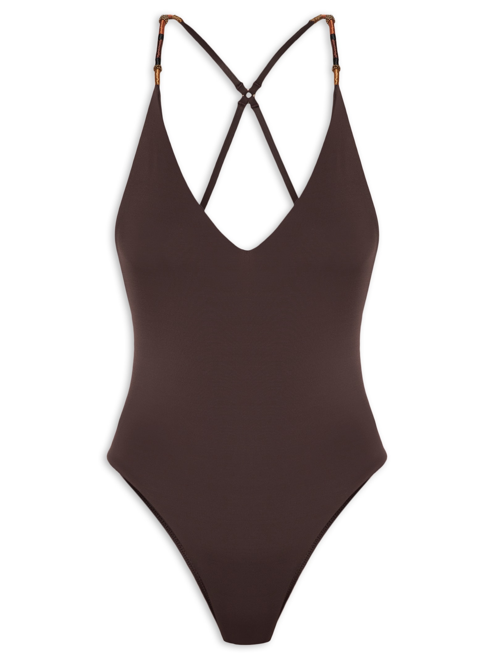 Maiô Decote V Bordado Marrom Animale Resort