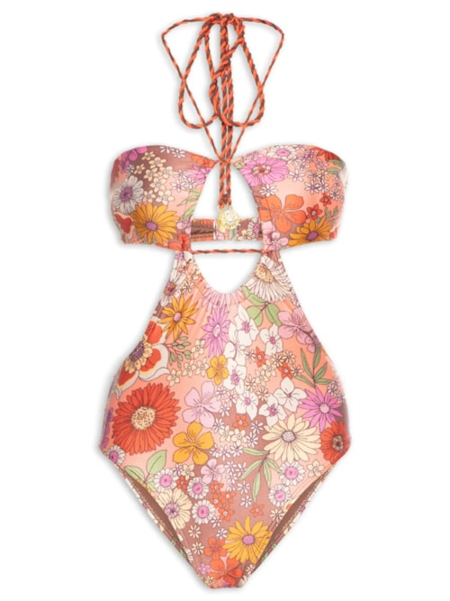 Maiô Floral Com Recortes – Laranja