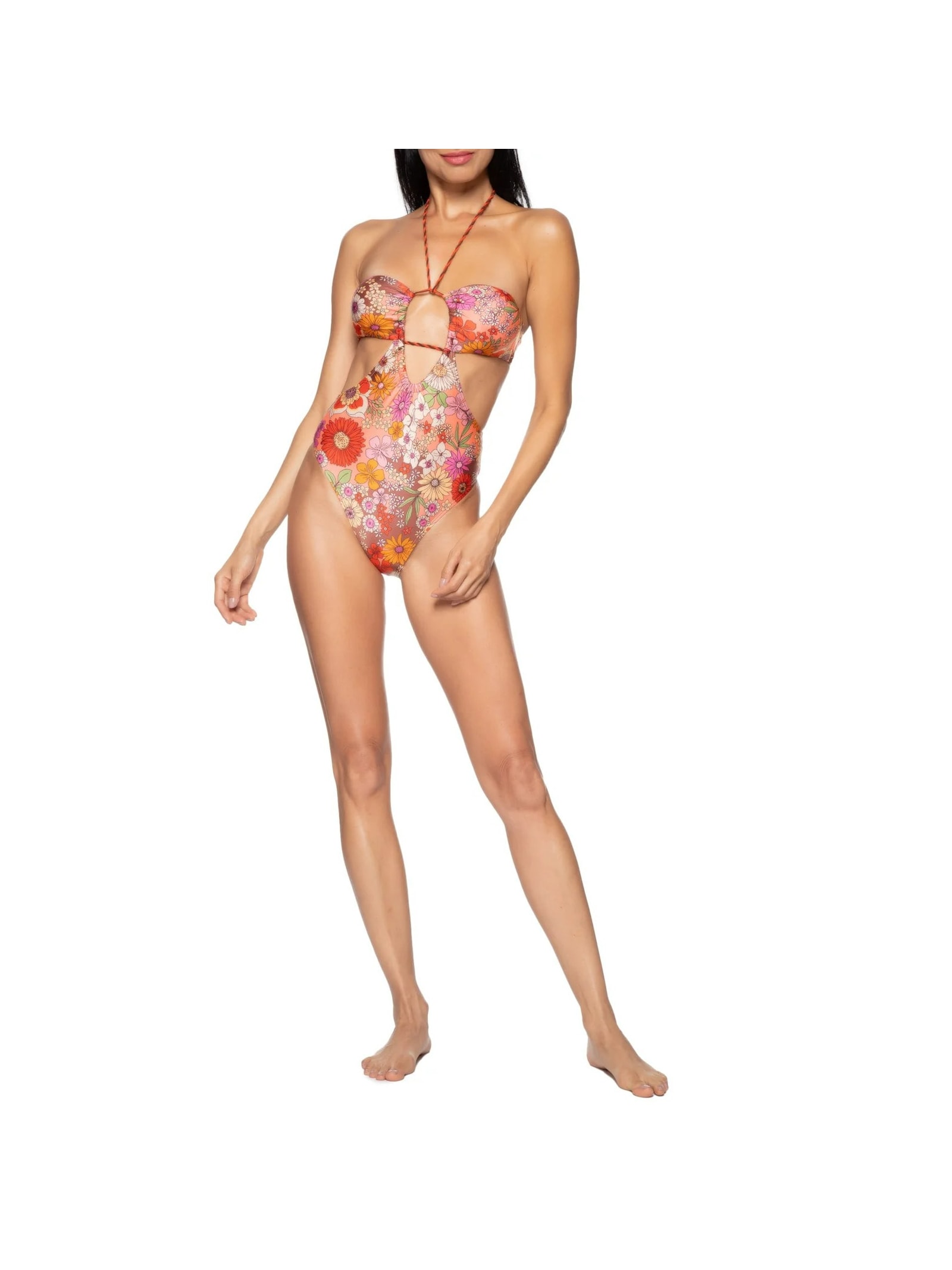 Maiô Floral Com Recortes Laranja Mktbeach