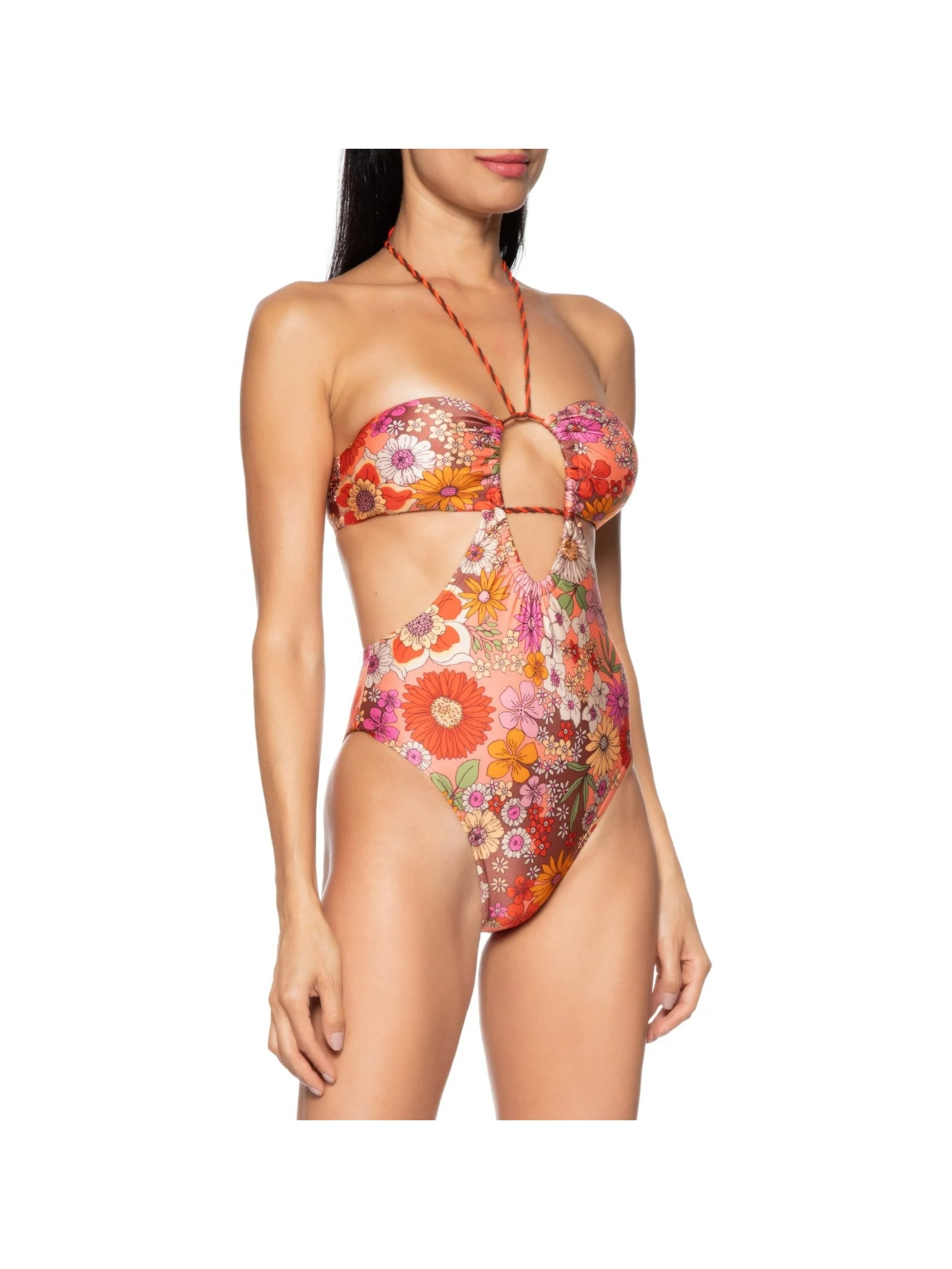 Maiô Floral Com Recortes Laranja Mktbeach
