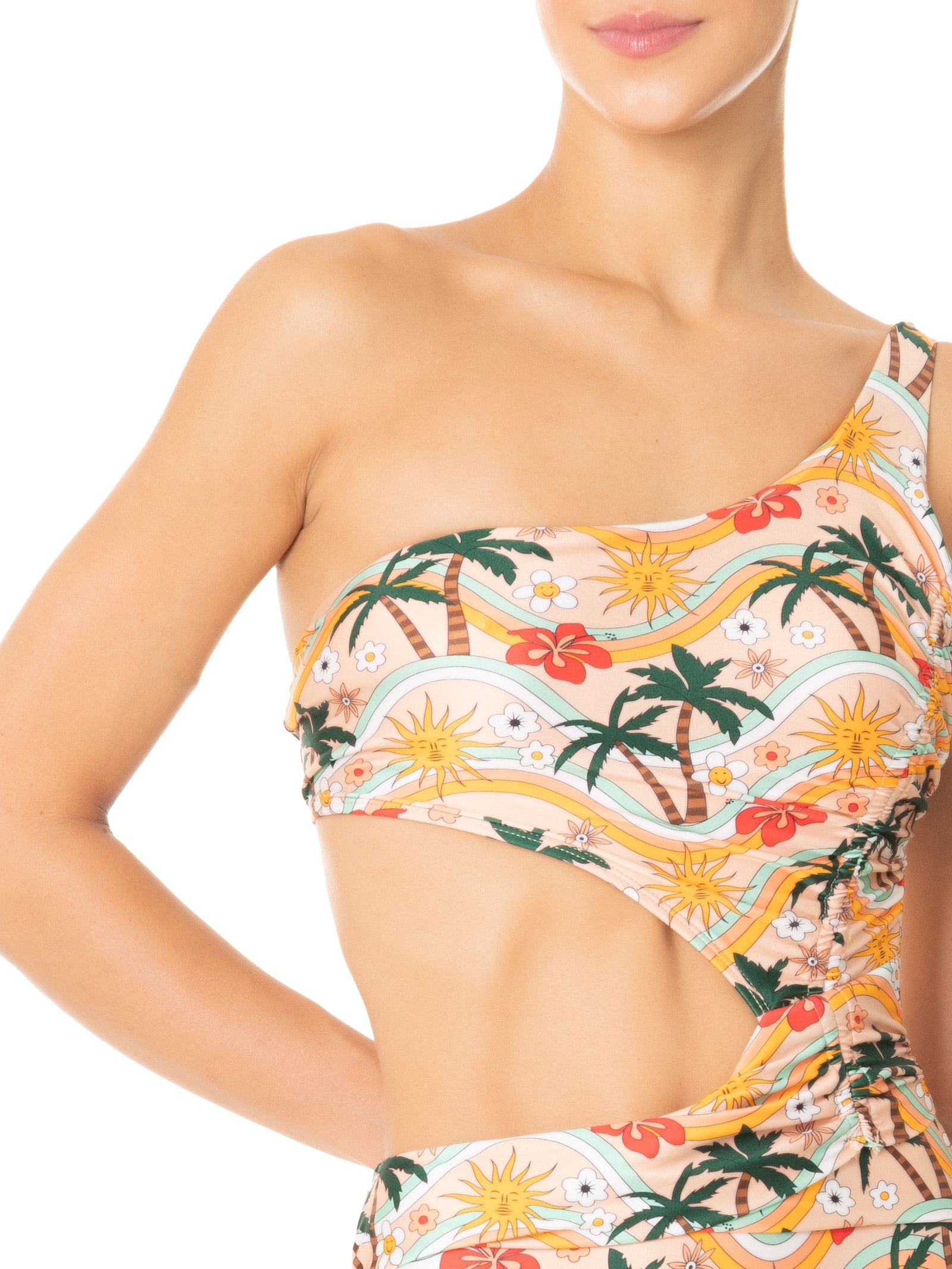 Maiô Um Ombro Só Estampado Bege Mktbeach