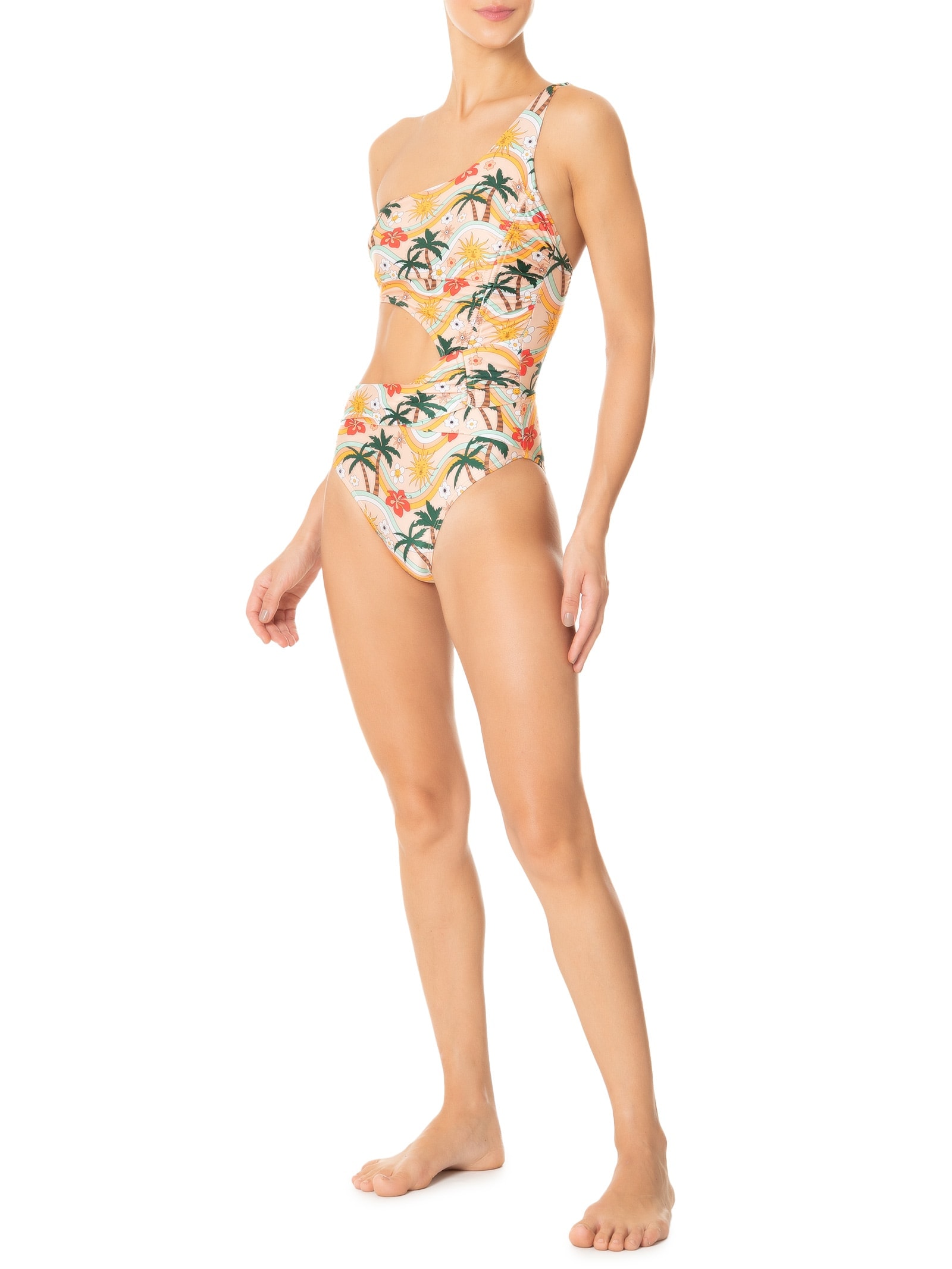 Maiô Um Ombro Só Estampado Bege Mktbeach