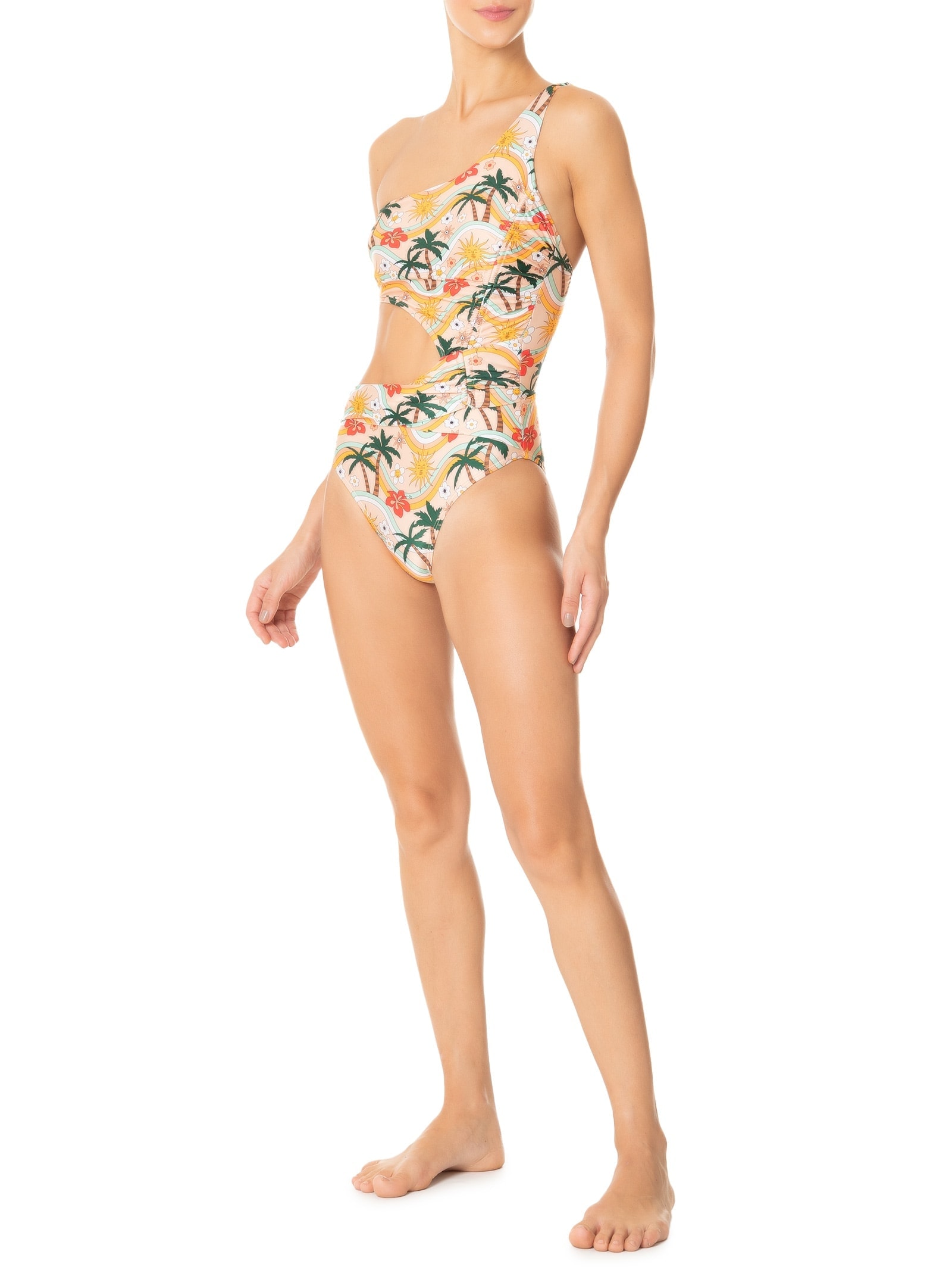 Maiô Um Ombro Só Estampado Bege Mktbeach