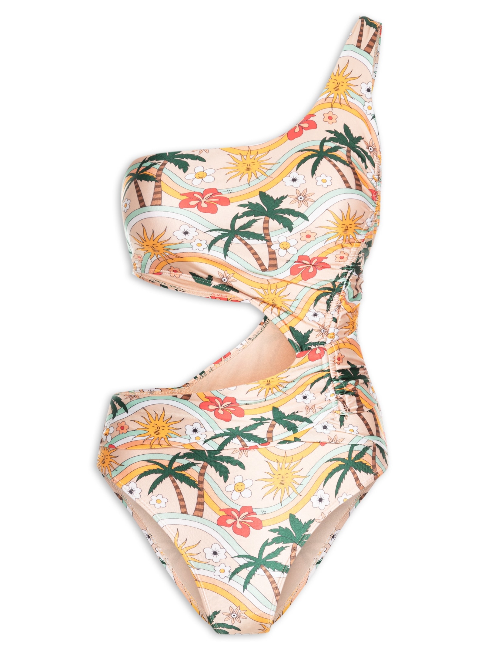 Maiô Um Ombro Só Estampado Bege Mktbeach