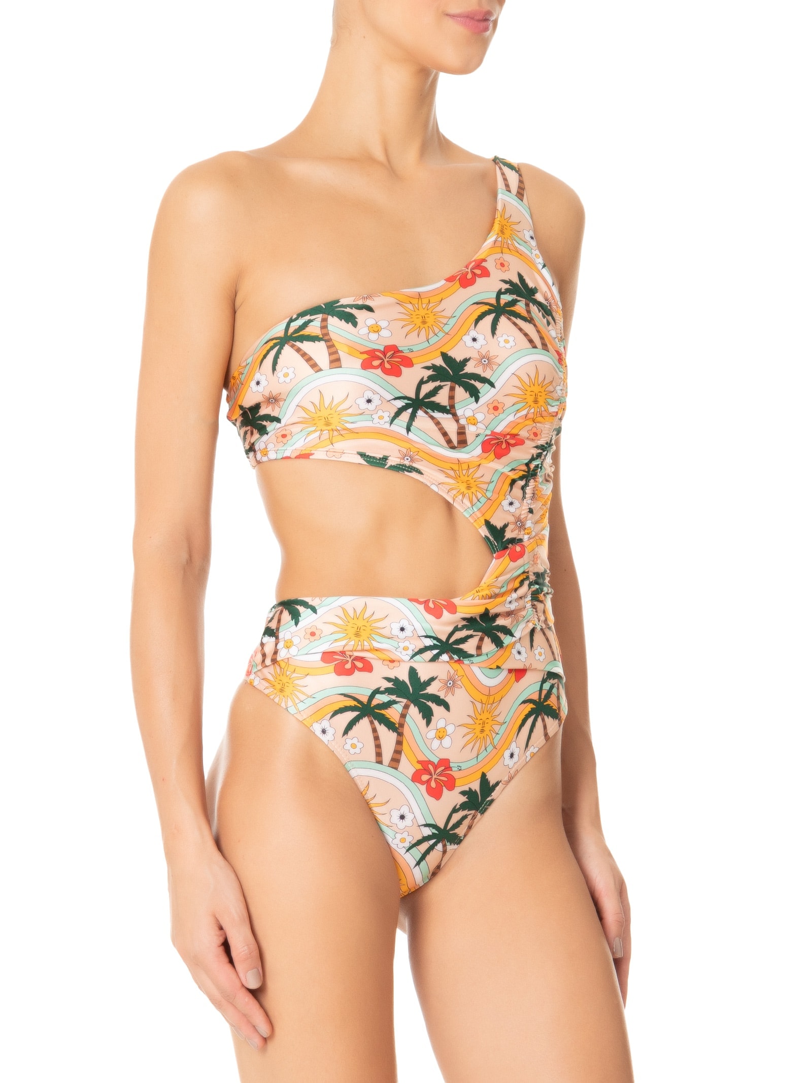 Maiô Um Ombro Só Estampado Bege Mktbeach