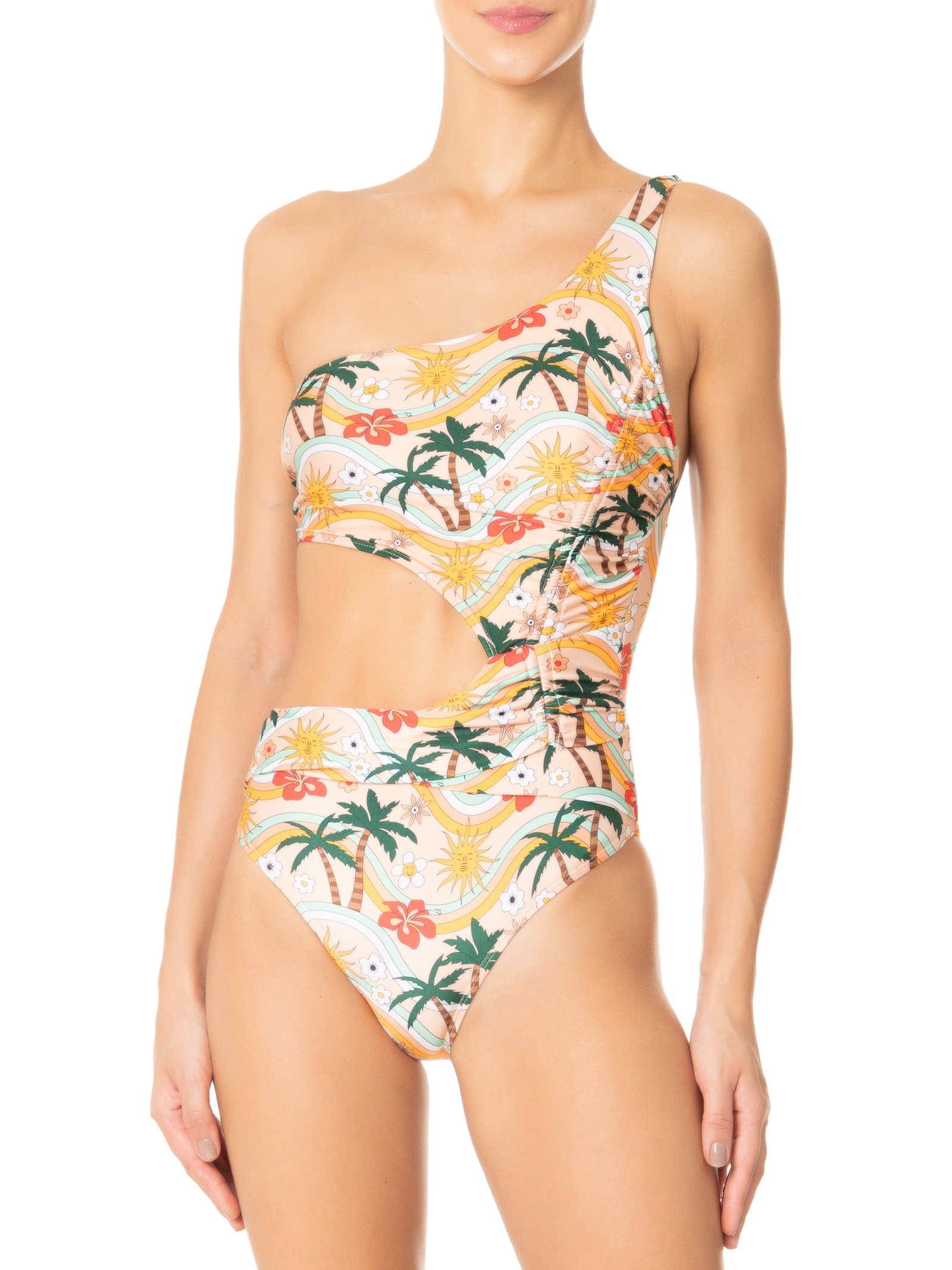 Maiô Um Ombro Só Estampado Bege Mktbeach