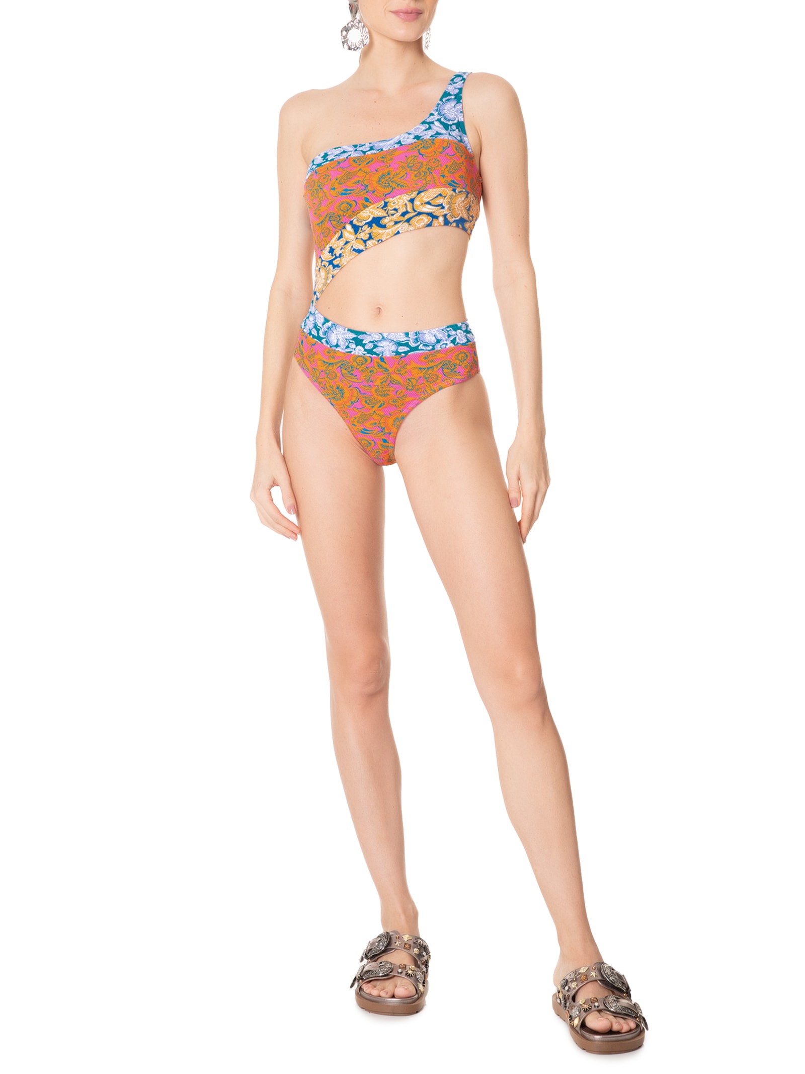 Maiô Um Ombro Só Estampado Laranja Mktbeach