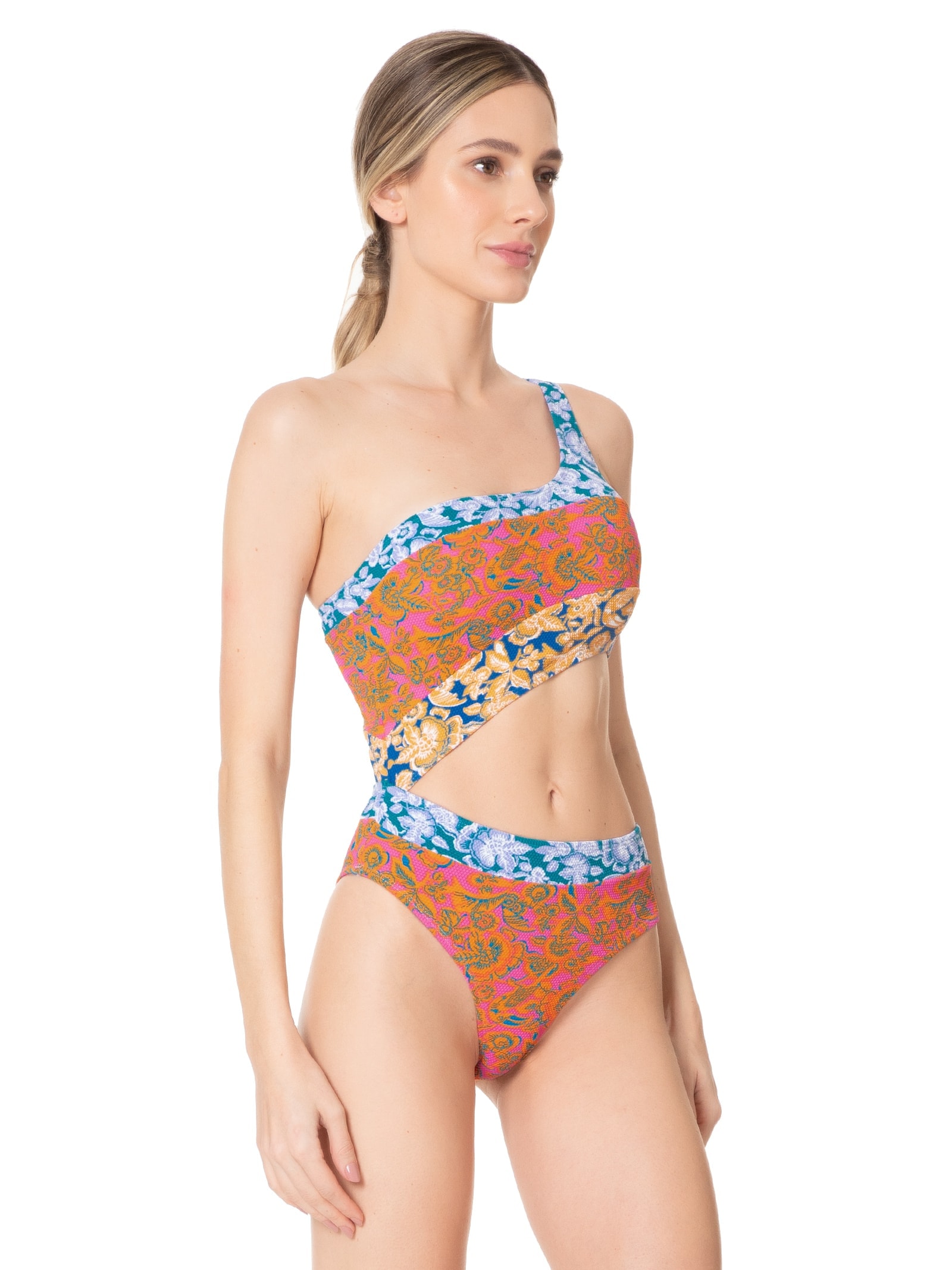 Maiô Um Ombro Só Estampado Laranja Mktbeach