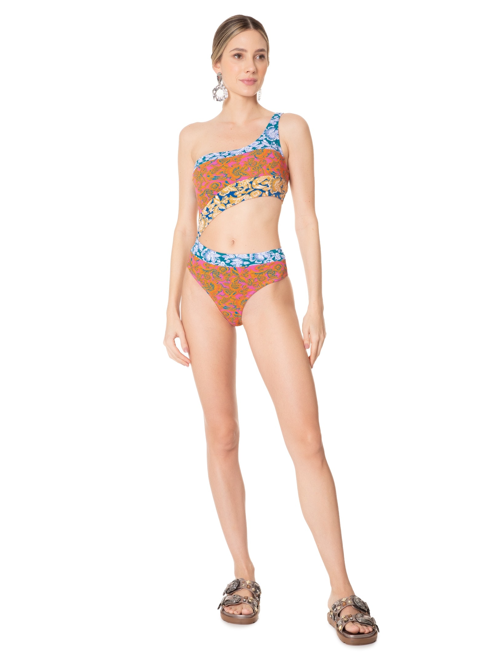 Maiô Um Ombro Só Estampado Laranja Mktbeach