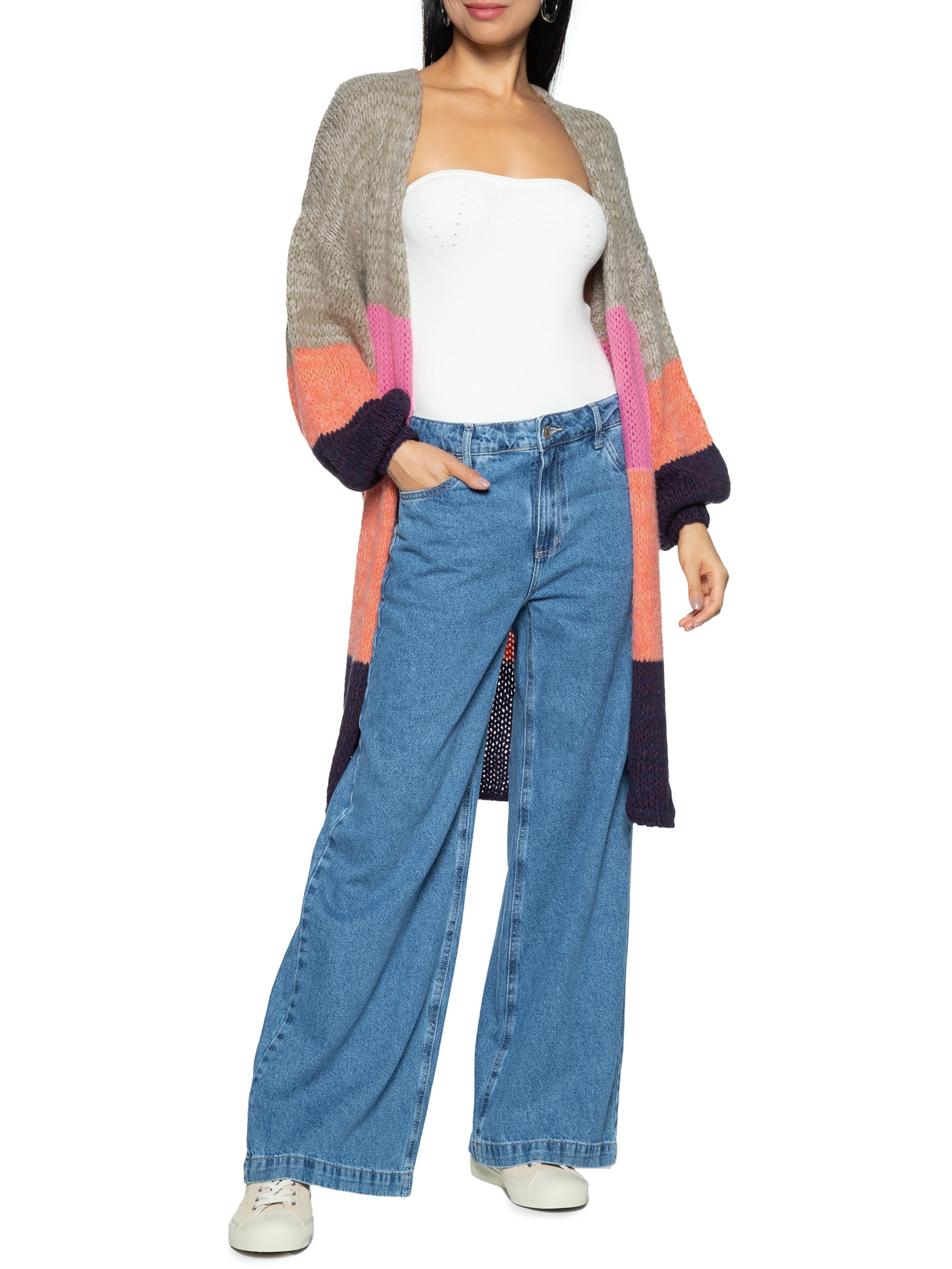 Maxi Cardigan Em Tricot Soft Listrado - Rosa - Viviane Furrier