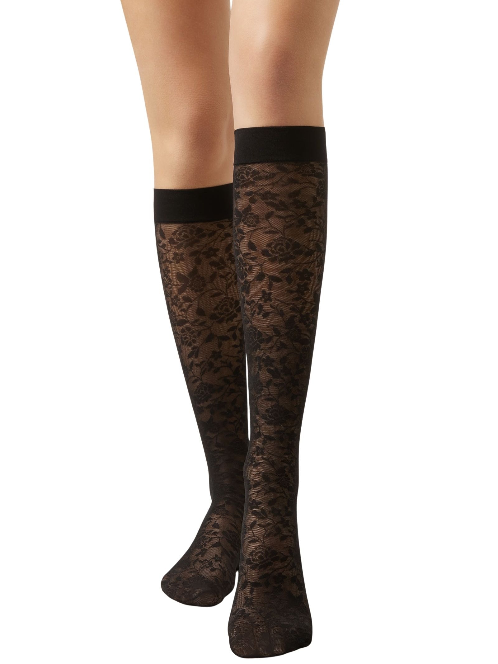 Meia 3/4 Em Tule Com Renda Floral Preto Calzedonia