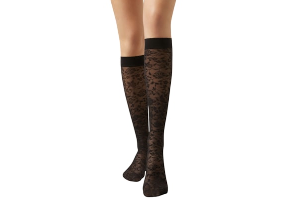 Meia 3/4 Em Tule Com Renda Floral - Preto