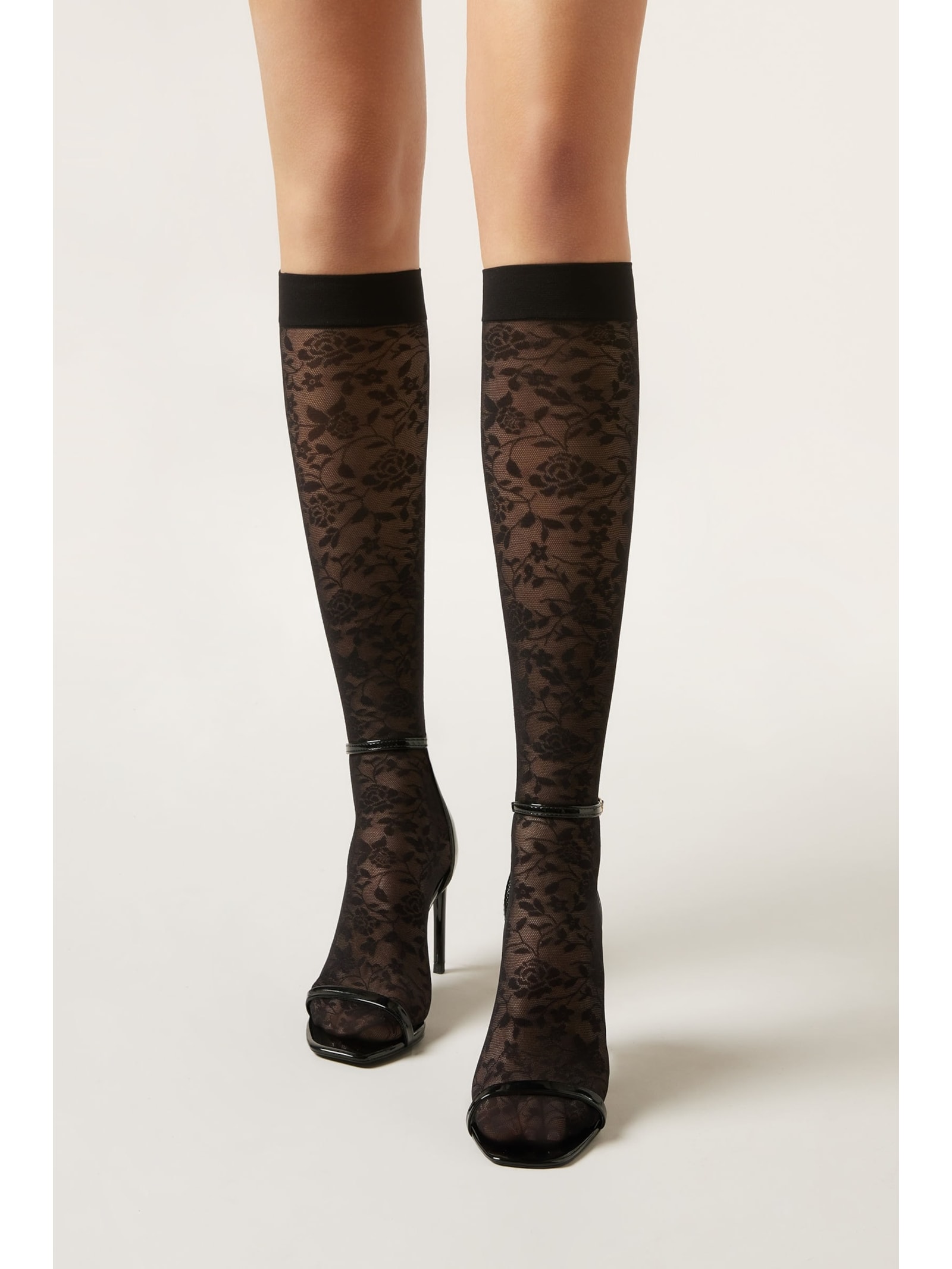 Meia 3/4 Em Tule Com Renda Floral Preto Calzedonia