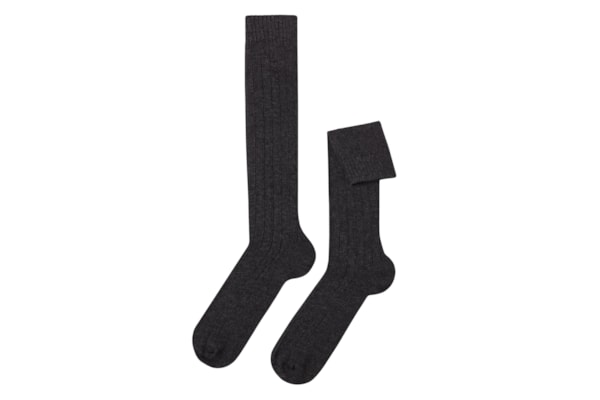 Meia Alta Canelada Em Lã e Cashmere - Cinza