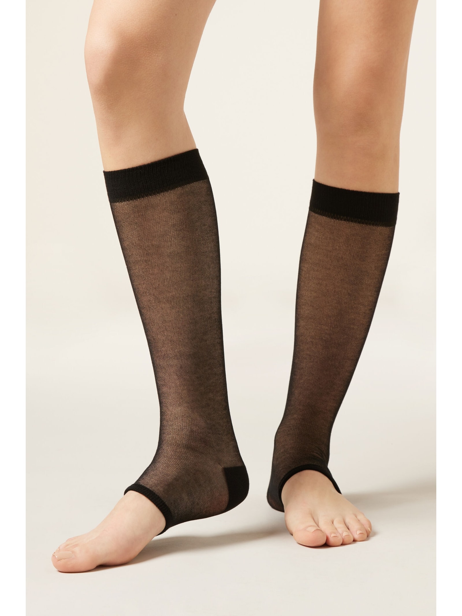 Meia Alta Com Abertura Frontal Preto Calzedonia