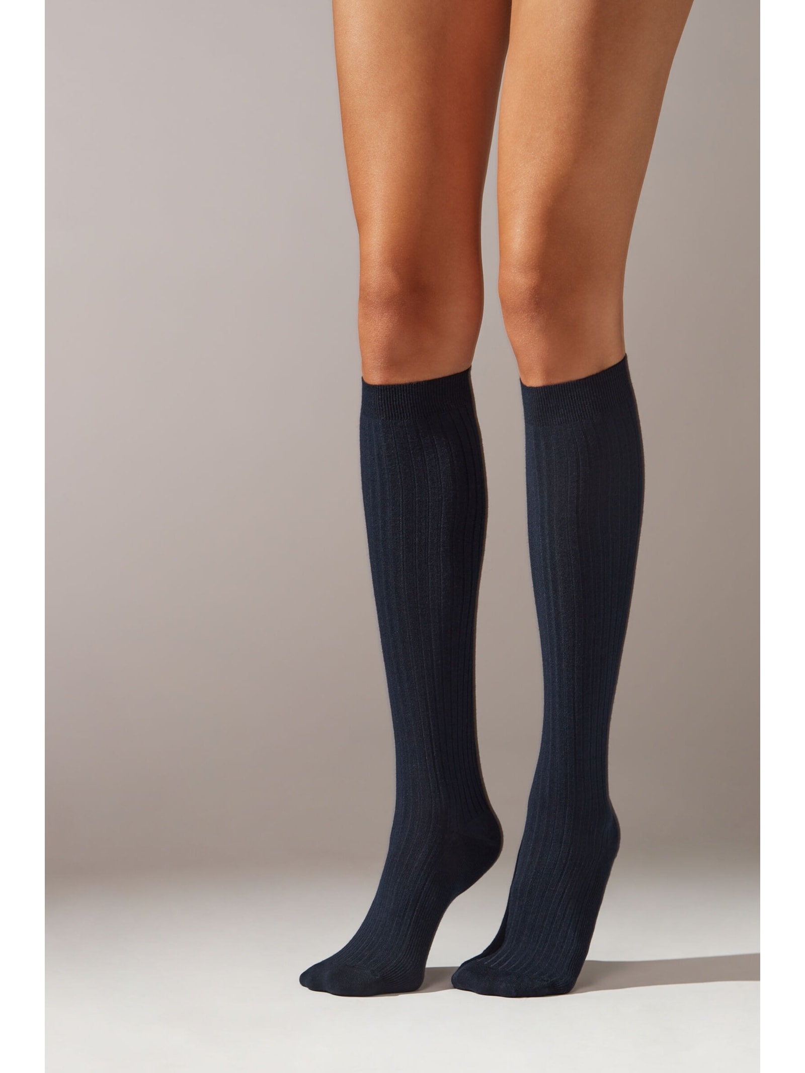 Meia Alta Com Cashmere Canelada Azul Calzedonia