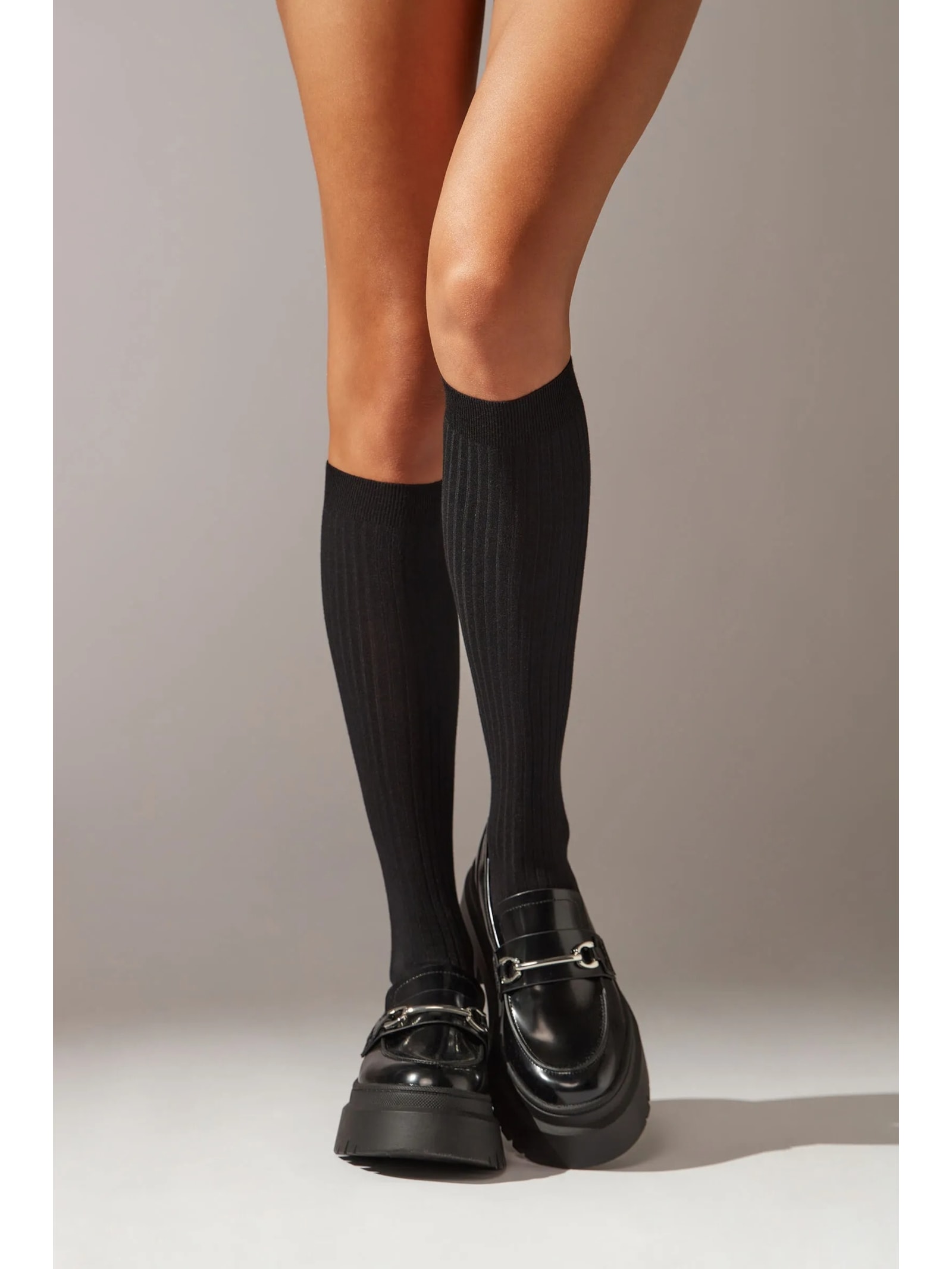 Meia Alta Com Cashmere Canelada Preto Calzedonia