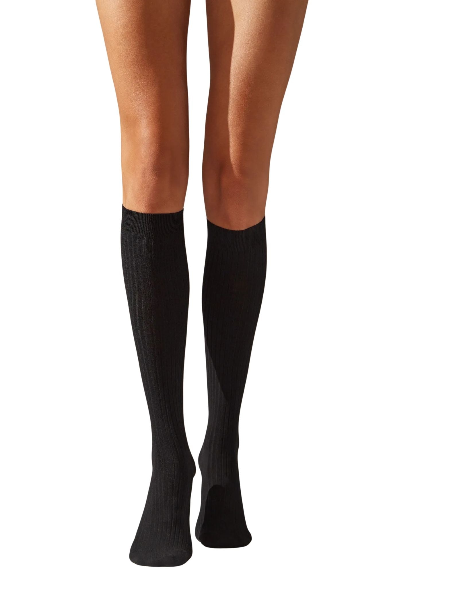 Meia Alta Com Cashmere Canelada Preto Calzedonia