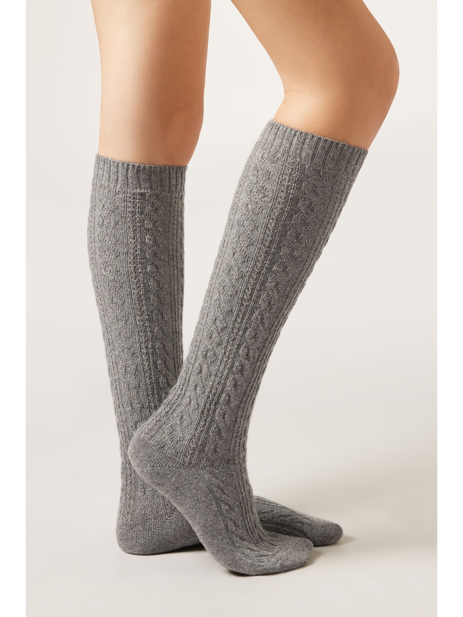 Meia Alta Com Cashmere Trançada Cinza Calzedonia
