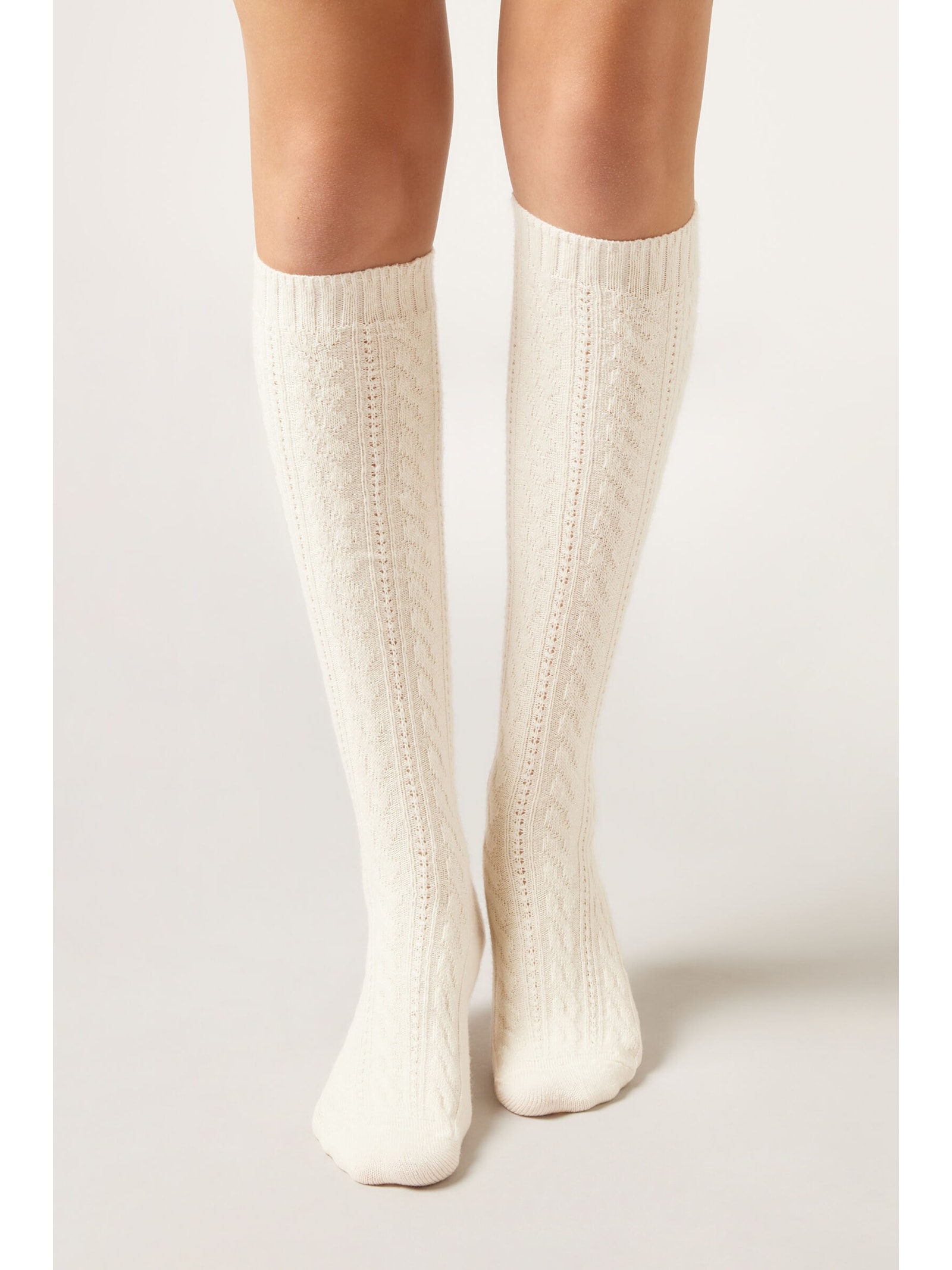 Meia Alta Com Cashmere Trançada Off-White Calzedonia