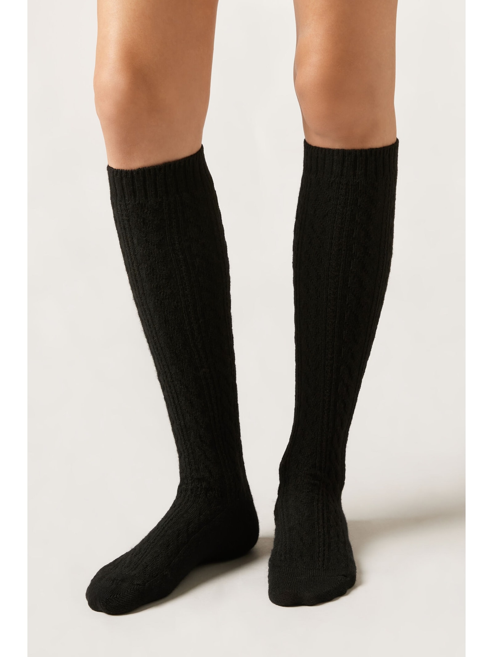 Meia Alta Com Cashmere Trançada Preto Calzedonia
