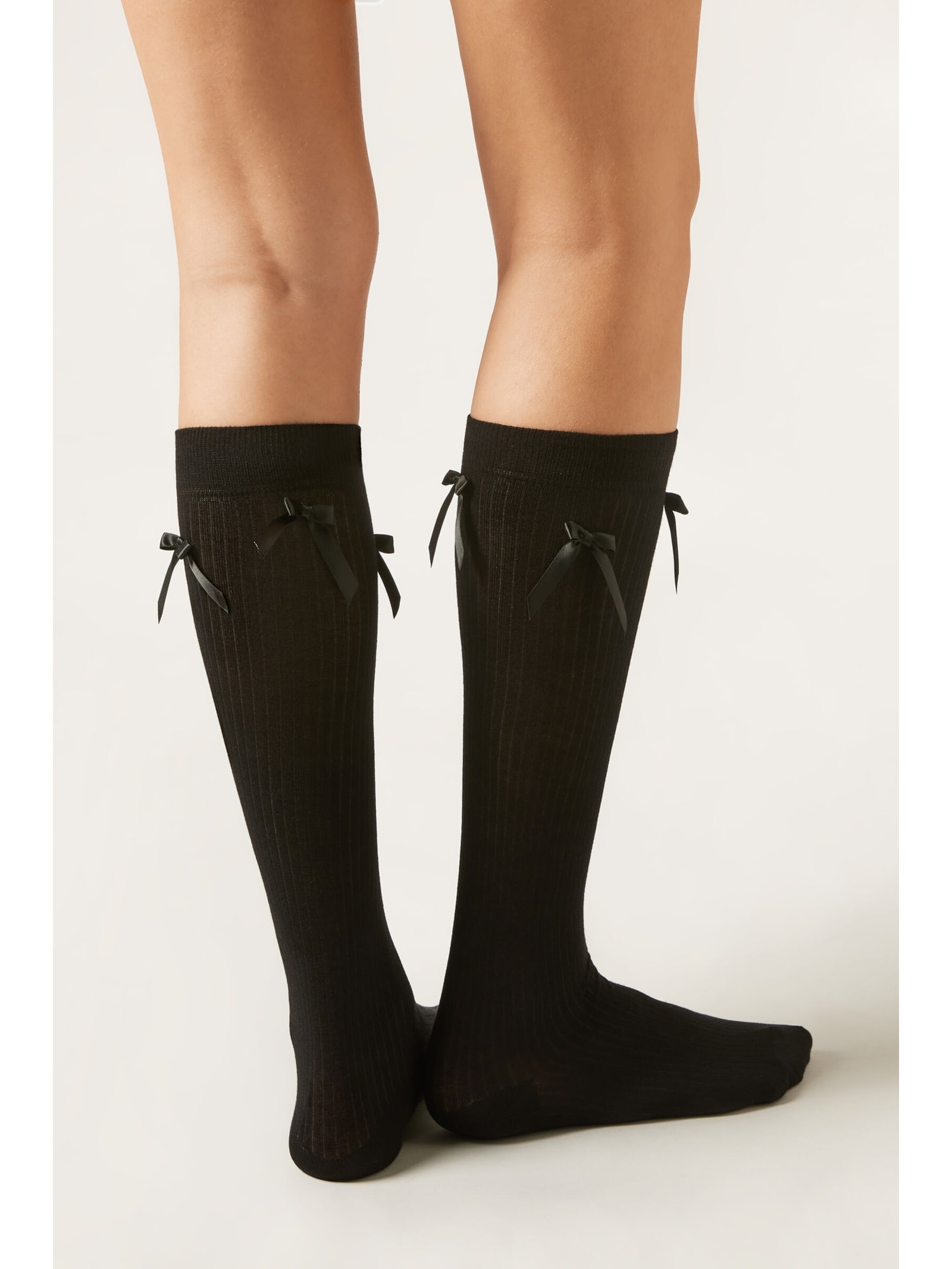 Meia Alta Com Laços Em Algodão Canelado Preto Calzedonia