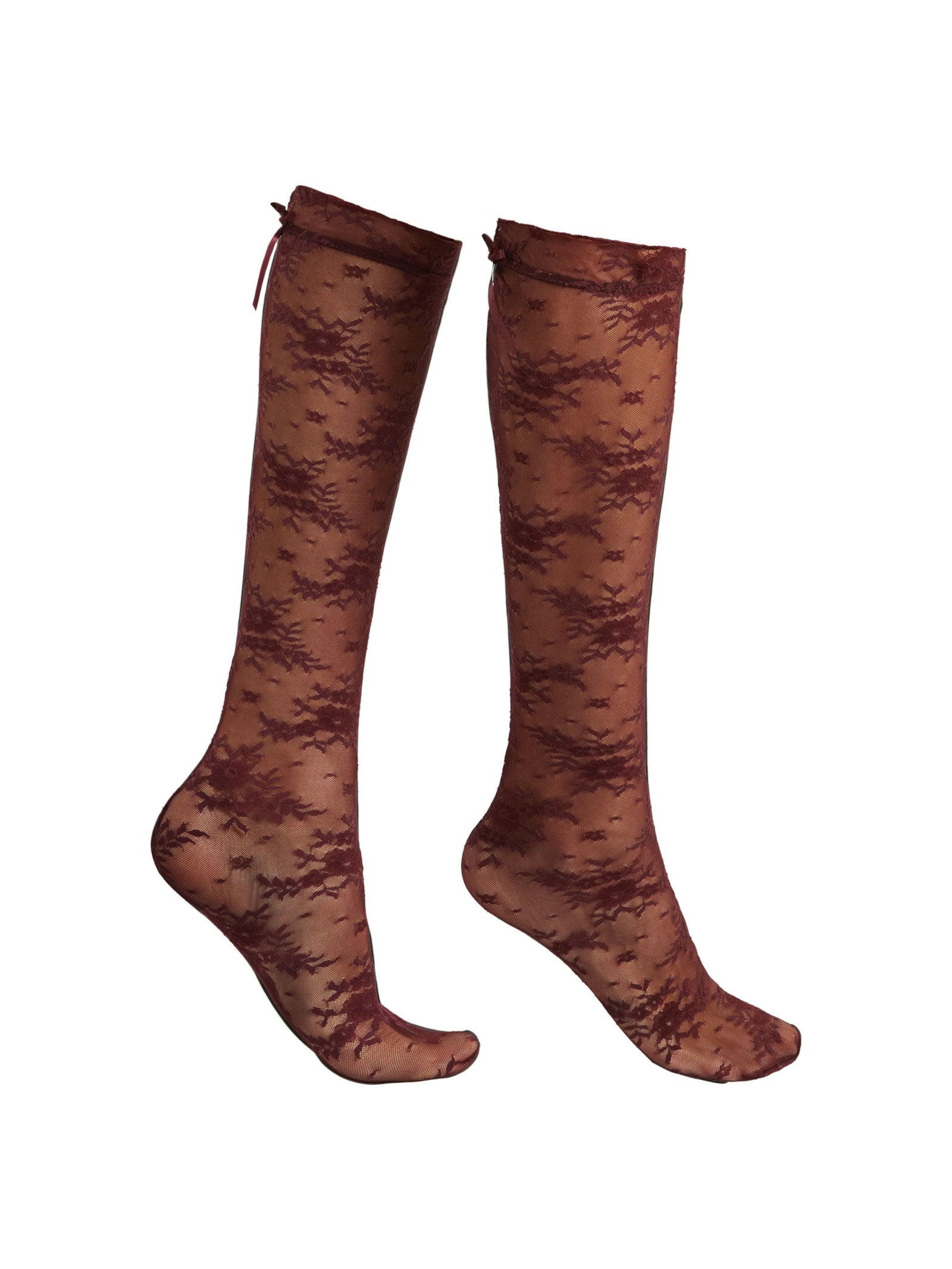 Meia Alta Em Renda Com Padrão Floral Bordô Calzedonia