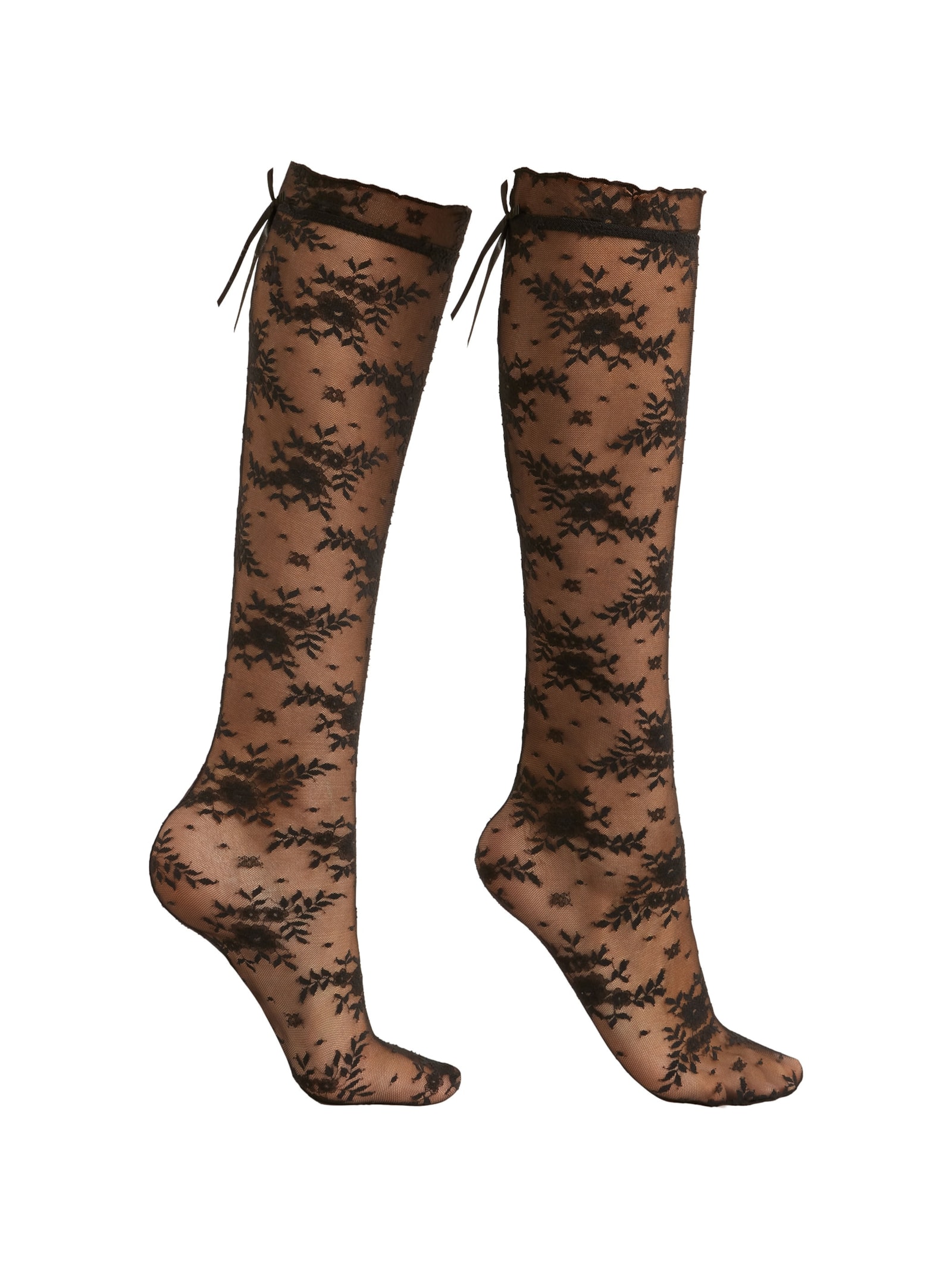 Meia Alta Em Renda Com Padrão Floral Preto Calzedonia