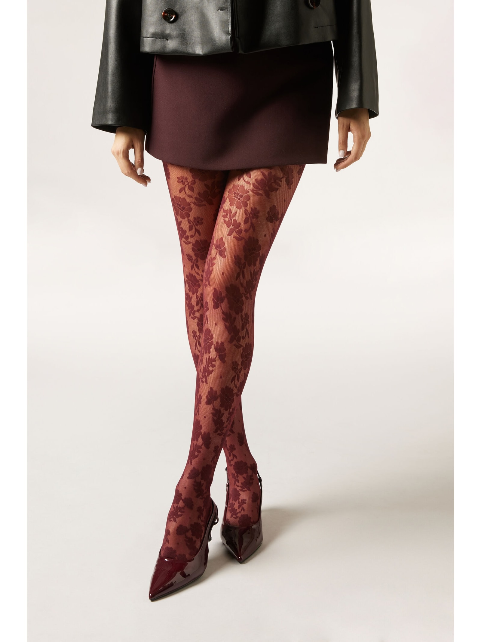 Meia-Calça Arrastão Com Padrão Floral Bordô Calzedonia