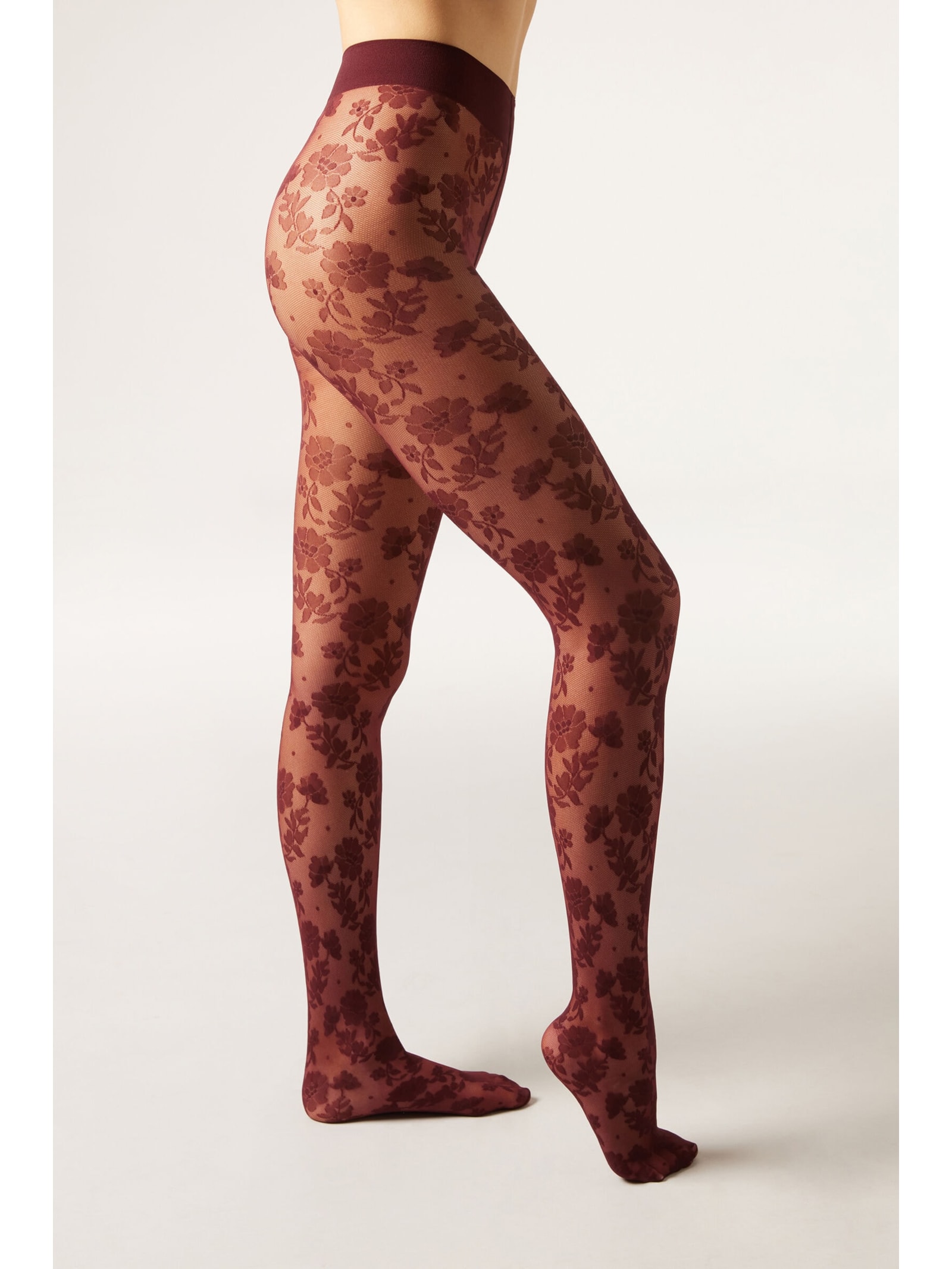 Meia-Calça Arrastão Com Padrão Floral Bordô Calzedonia