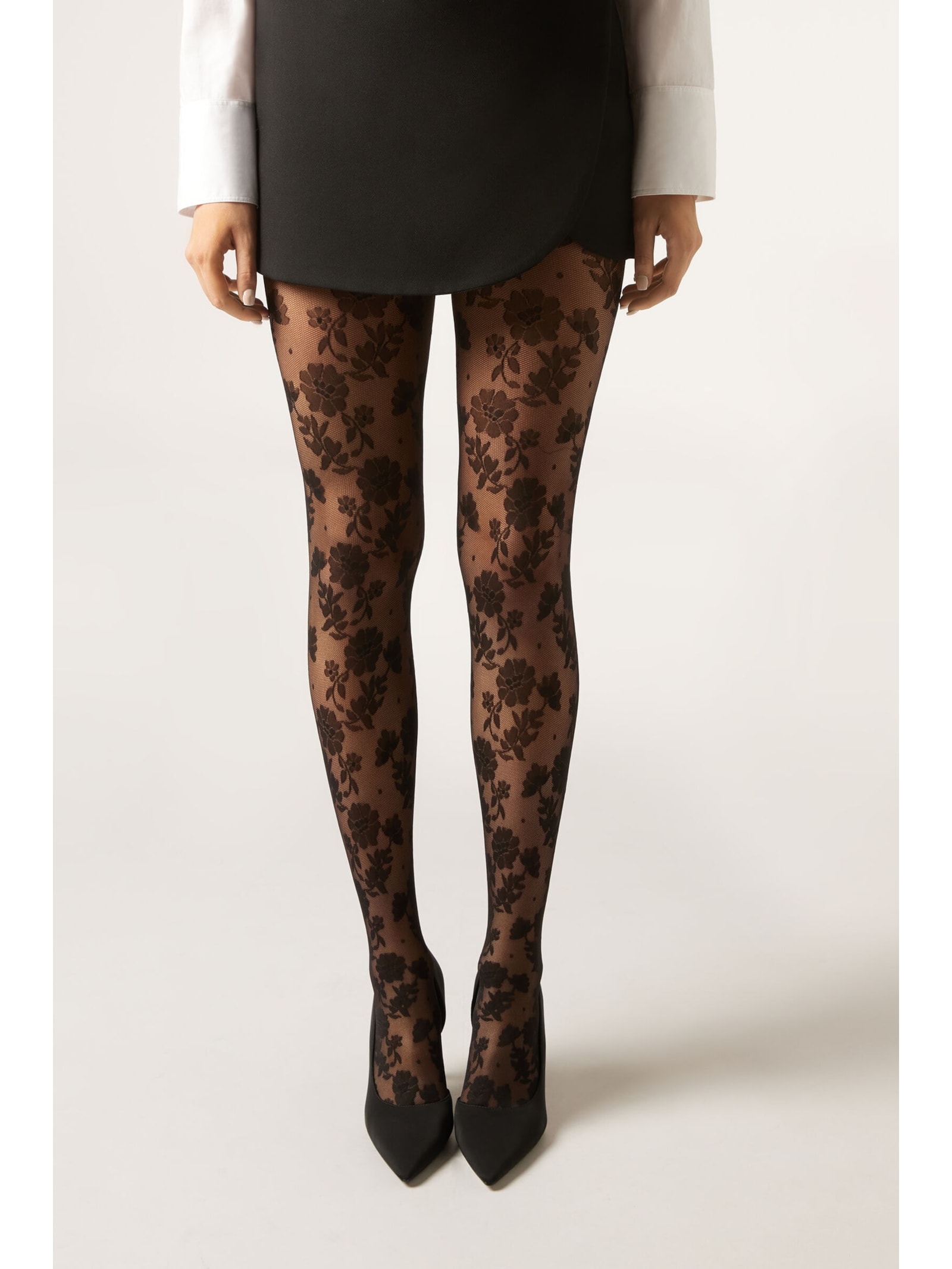 Meia-Calça Arrastão Com Padrão Floral Preto Calzedonia