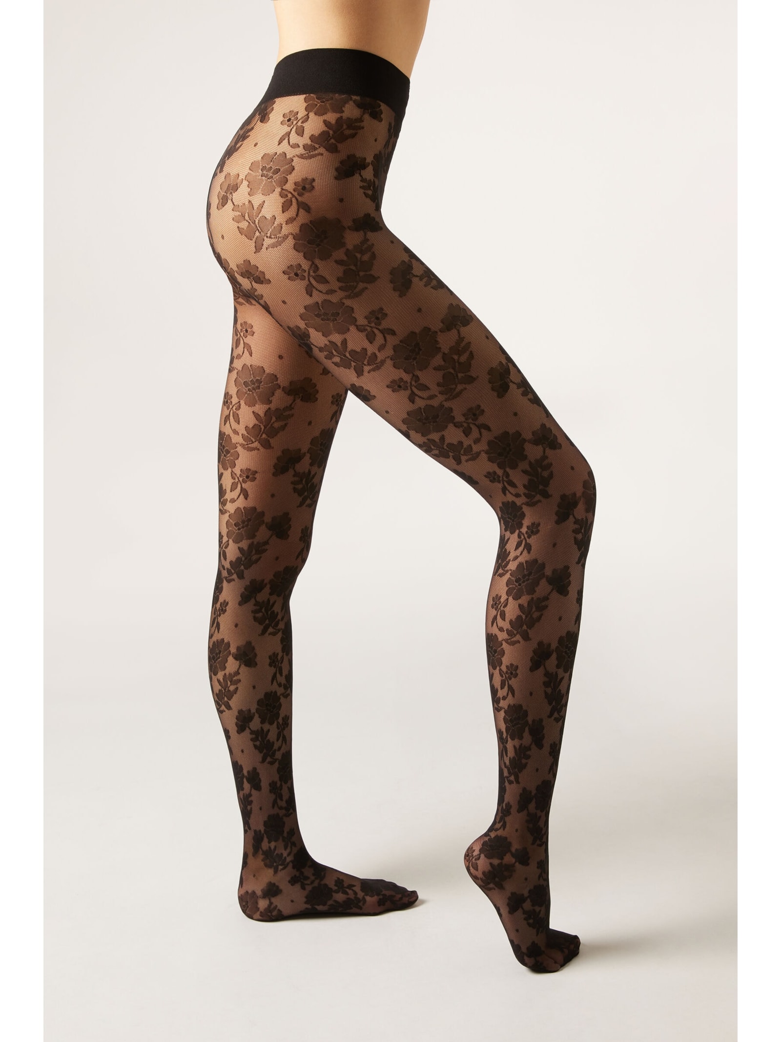 Meia-Calça Arrastão Com Padrão Floral Preto Calzedonia