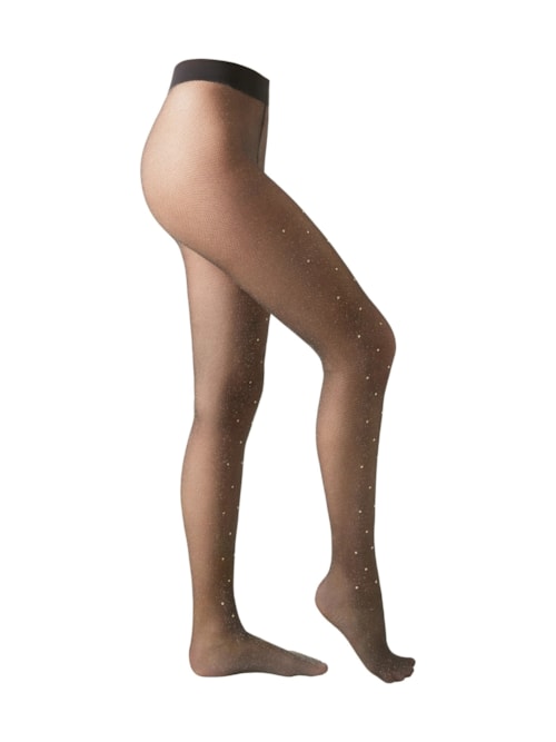 Meia-Calça Arrastão Fio 50 Com Strass Dourado – Preto