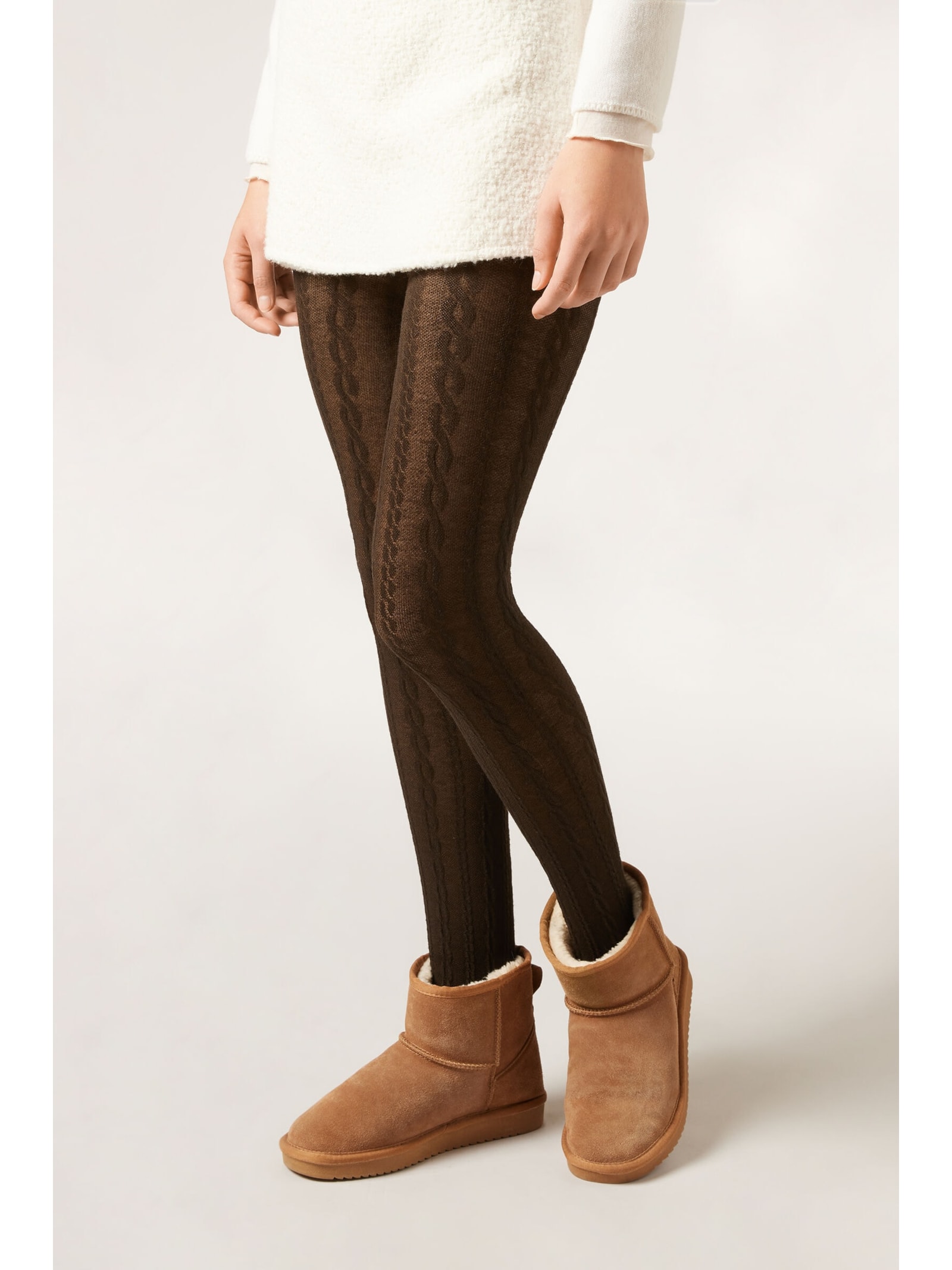 Meia-Calça Com Cashmere e Efeito Trançado Marrom Calzedonia