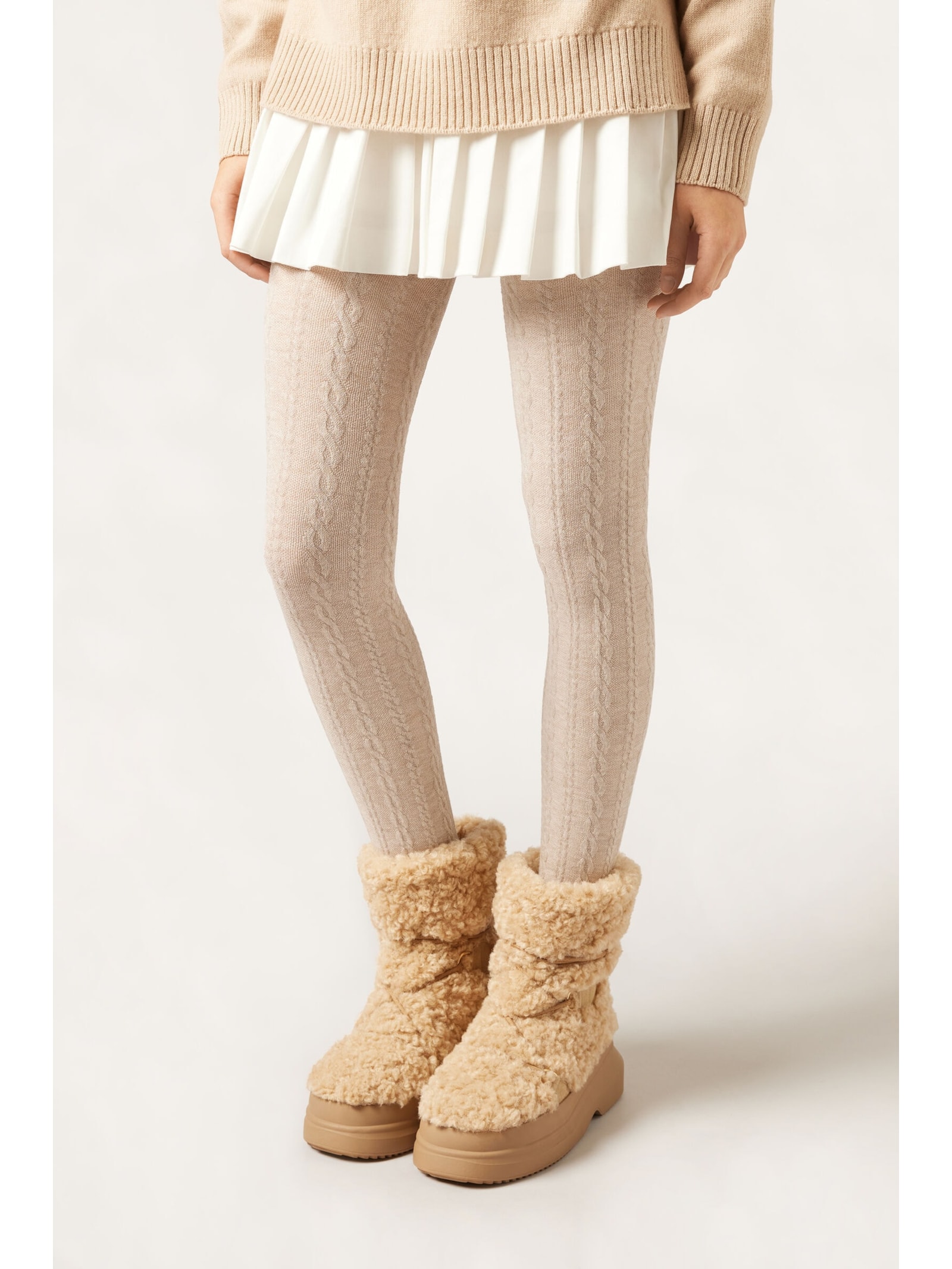 Meia-Calça Com Cashmere e Efeito Trançado Off-White Calzedonia