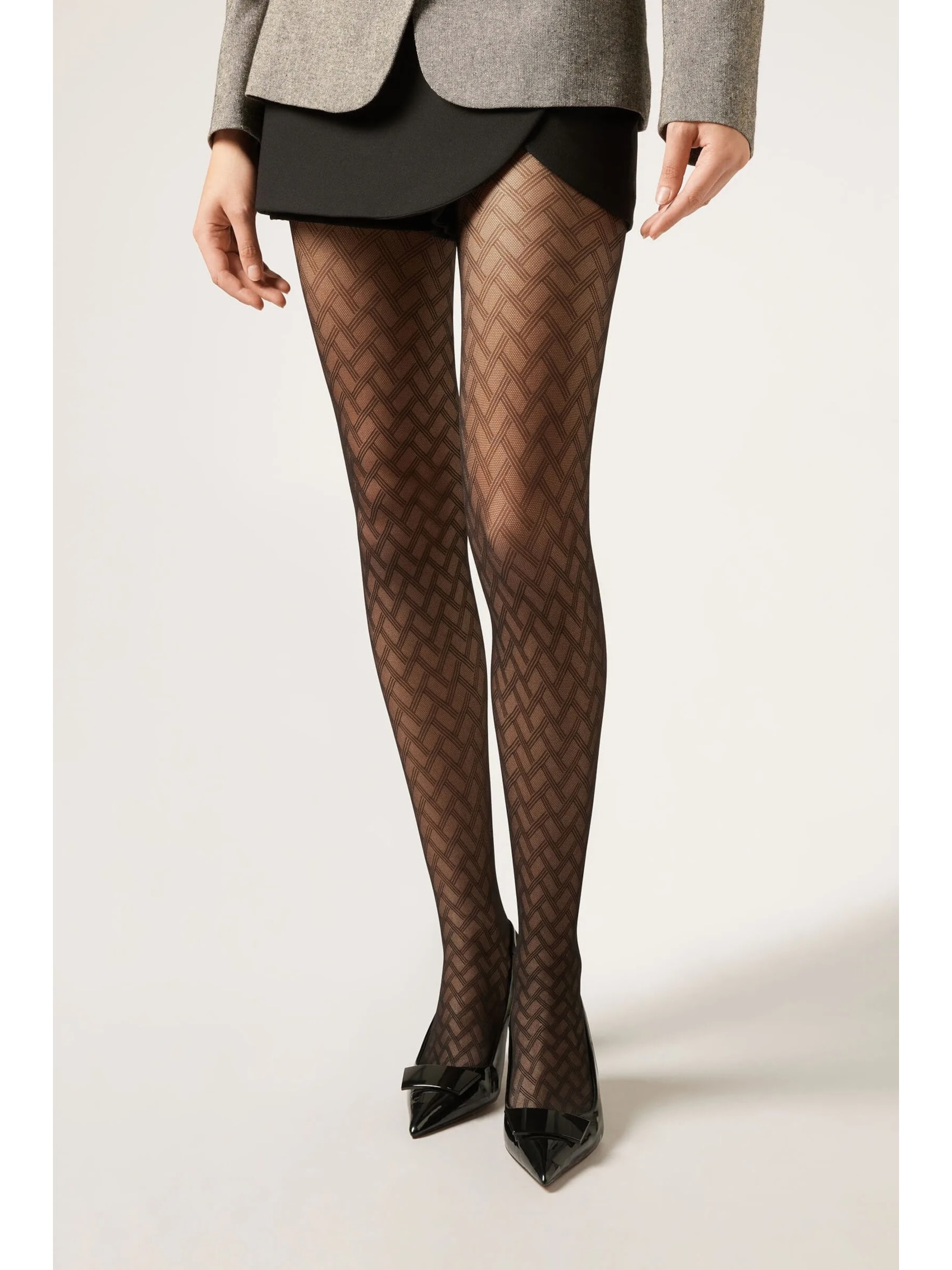 Meia-Calça Com Padrão Geométrico e Listras Preto Calzedonia