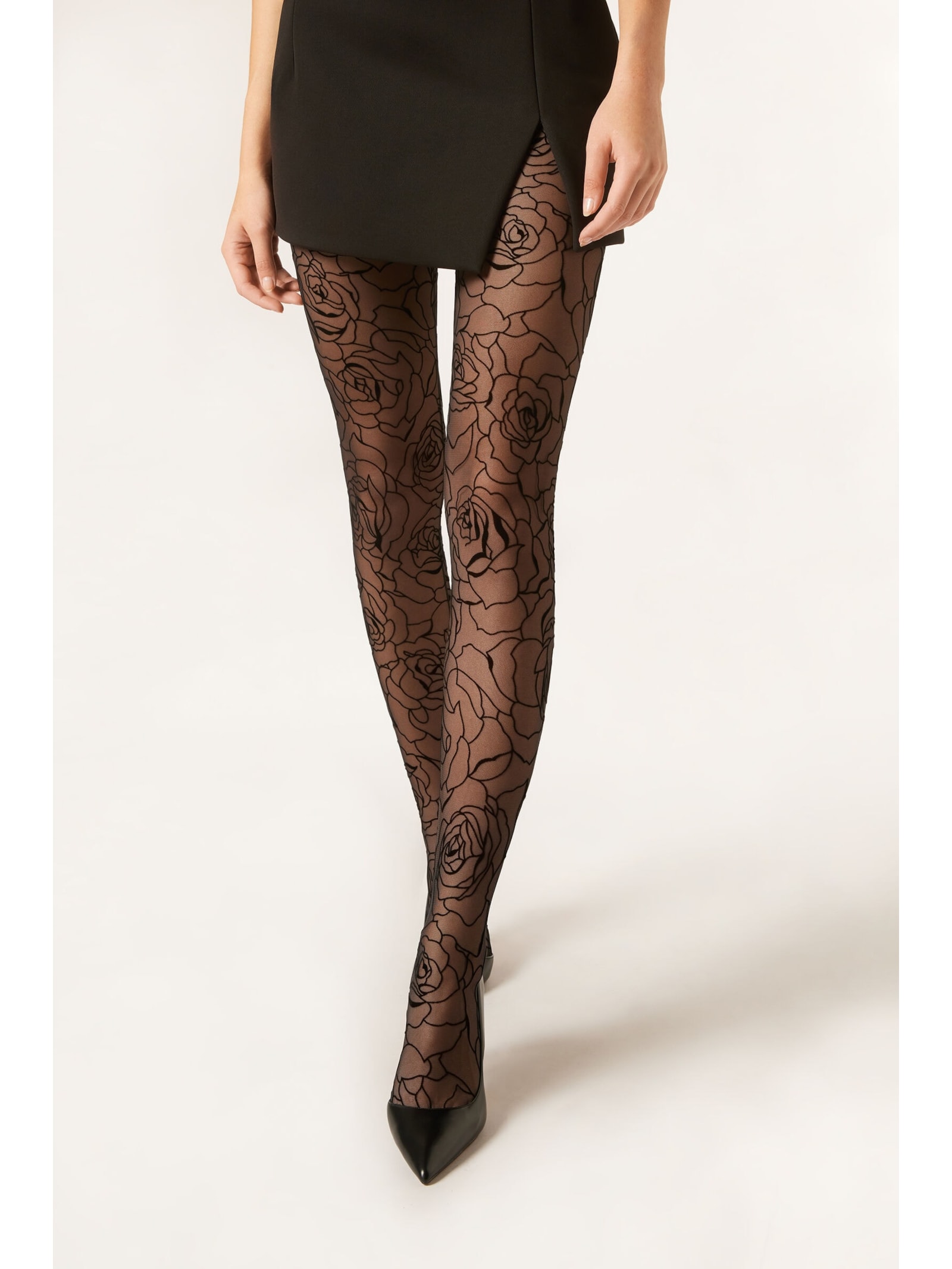 Meia-Calça Com Rosas Em Relevo Preto Calzedonia