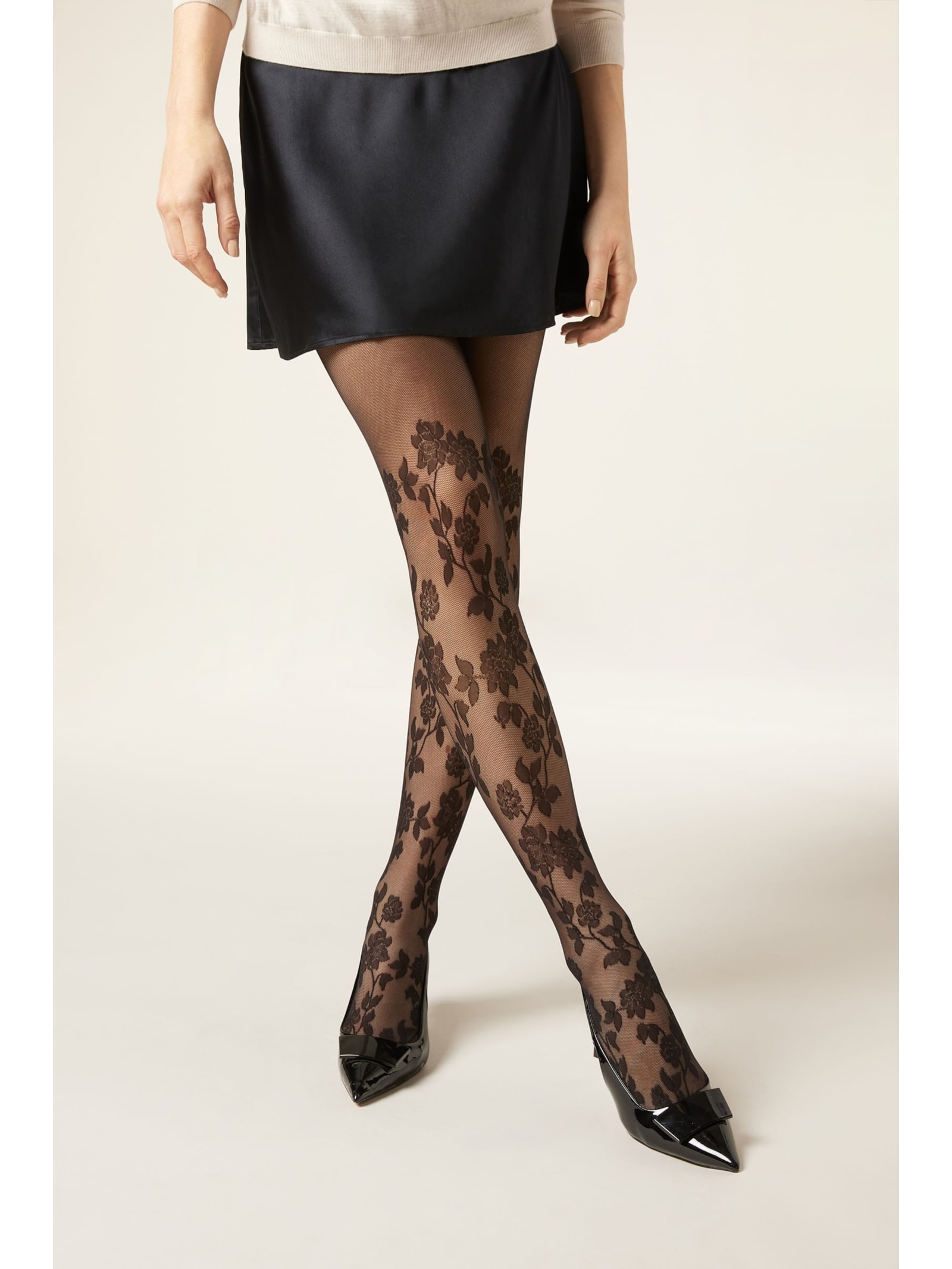 Meia-Calça Efeito Longuette Com Flores Preto Calzedonia