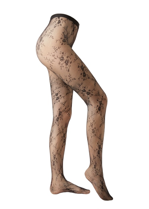 Meia-Calça Em Renda Com Padrão Floral - Preto