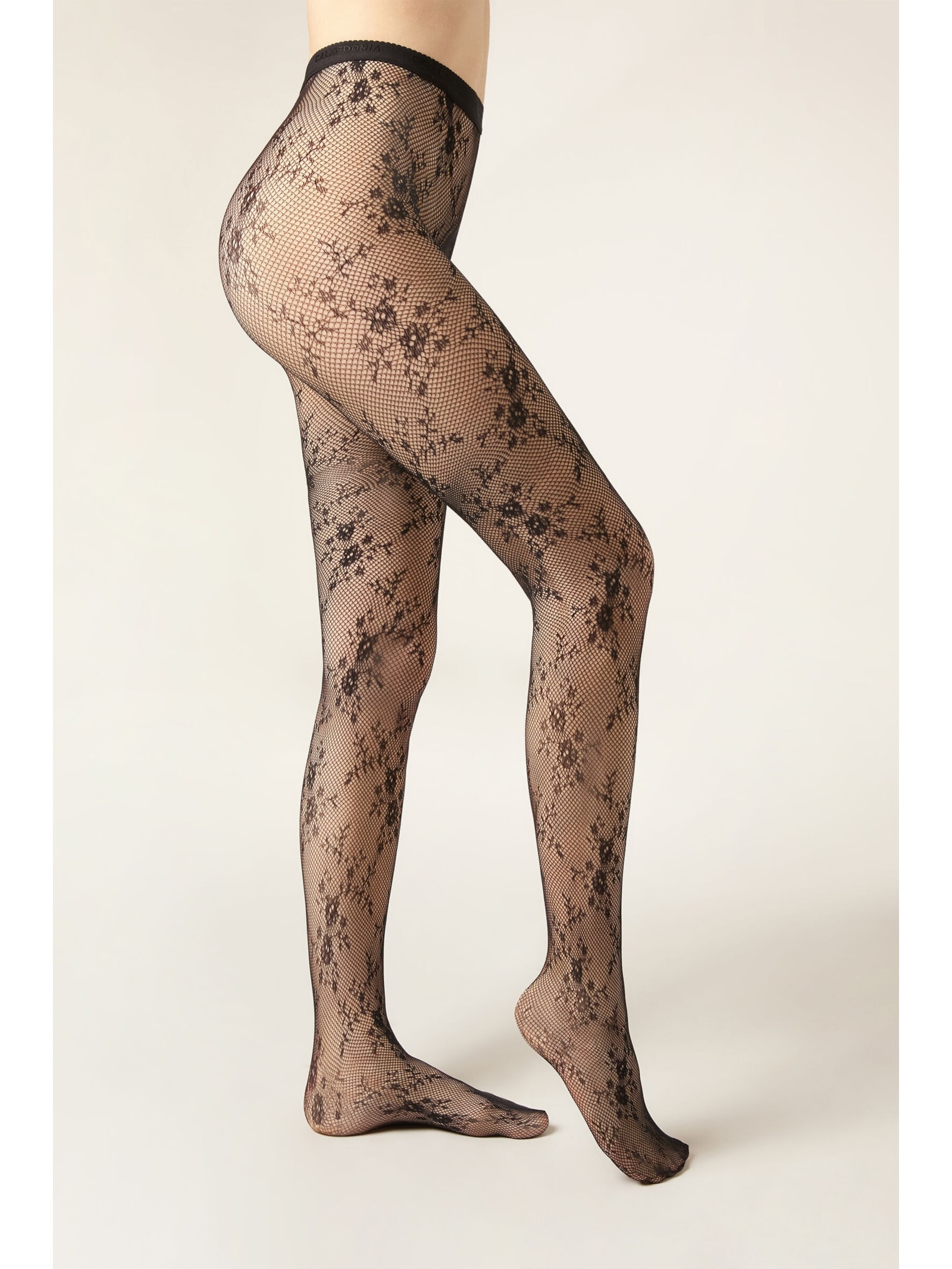 Meia-Calça Em Renda Com Padrão Floral Preto Calzedonia