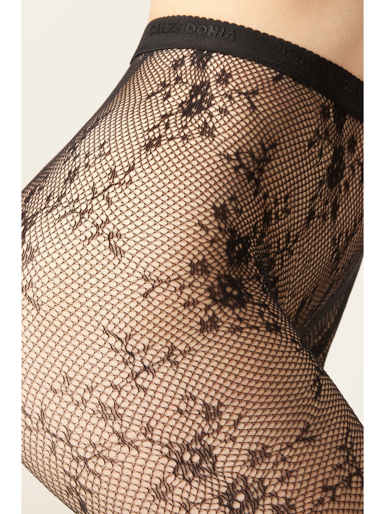Meia-Calça Em Renda Com Padrão Floral Preto Calzedonia