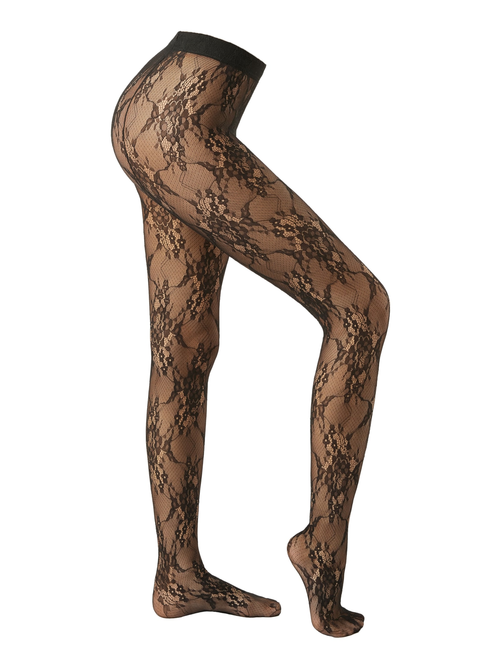 Meia-Calça Em Renda Com Padrão Floral Preto Calzedonia