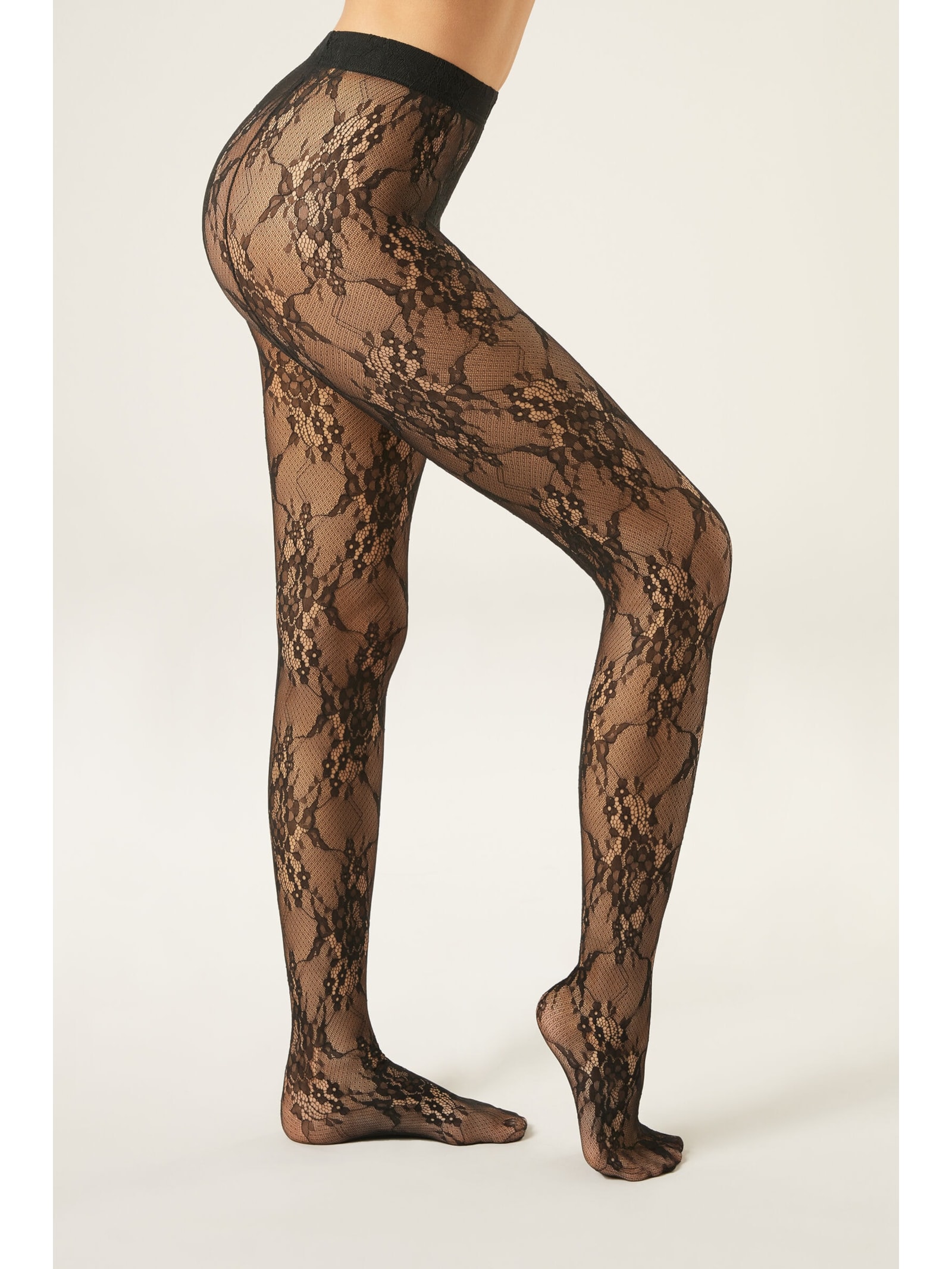 Meia-Calça Em Renda Com Padrão Floral Preto Calzedonia